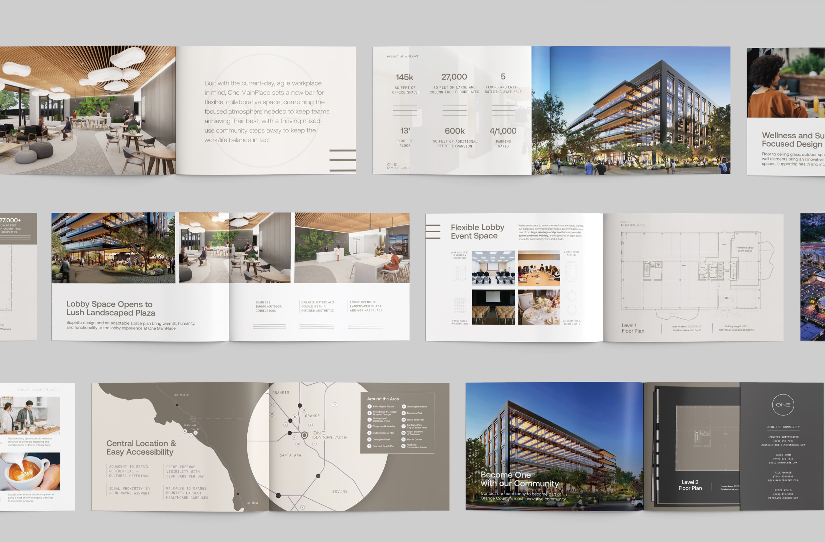 Leasing brochure and brand vision presentation pages for an innovative office buildiing in Santa Ana, California