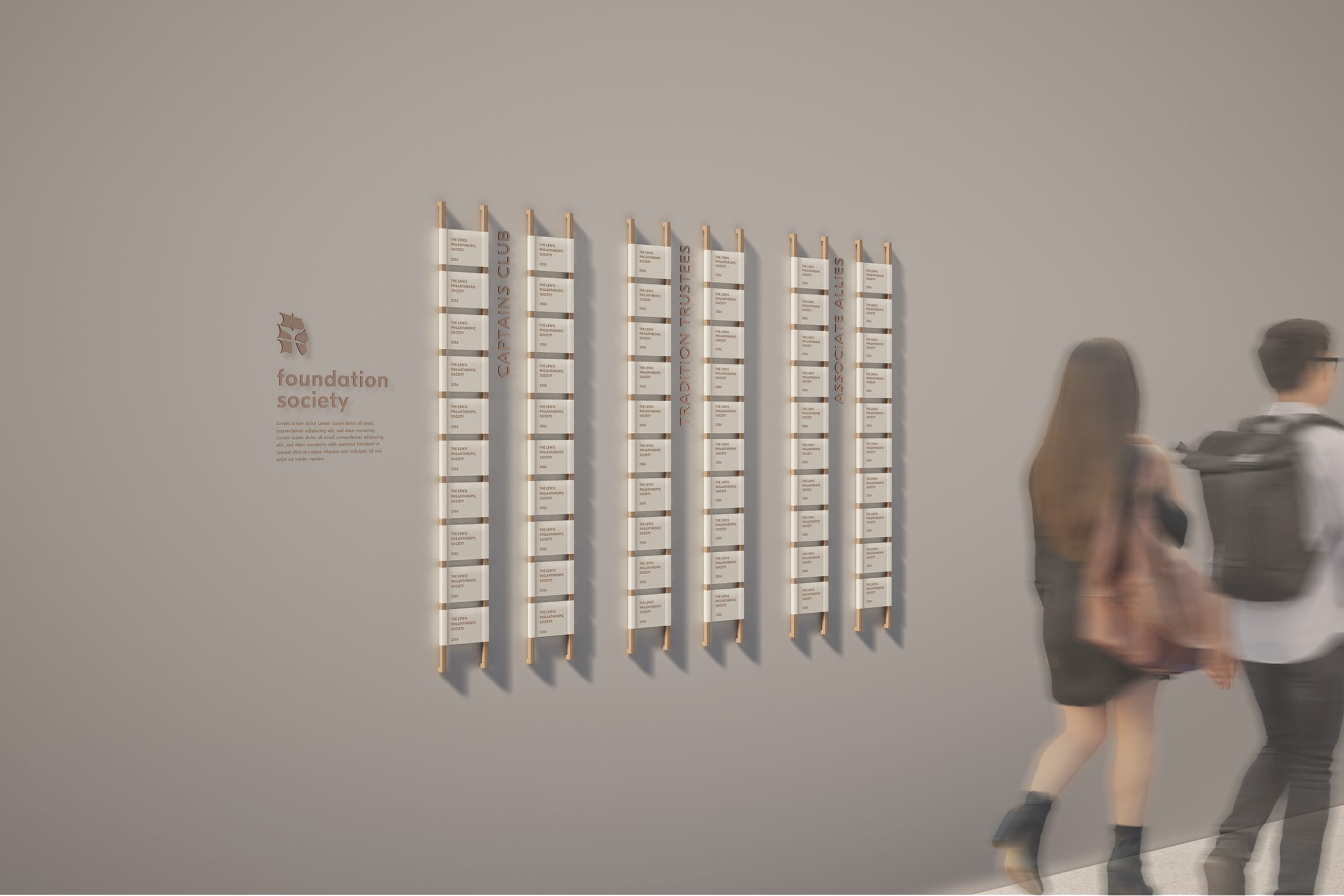 Vertical banner-style donor recognition wall with wood-mounted panels grouped under "Foundation Society," "Captains Club," "Tradition Trustees," and "Associate Allies" categories, donor wall signage by RSM Design
