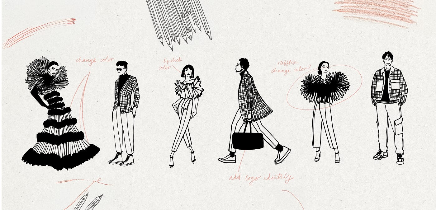 River Oaks District Houston fashion illustration concept sketches with markup notes, environmental graphic design by RSM Design