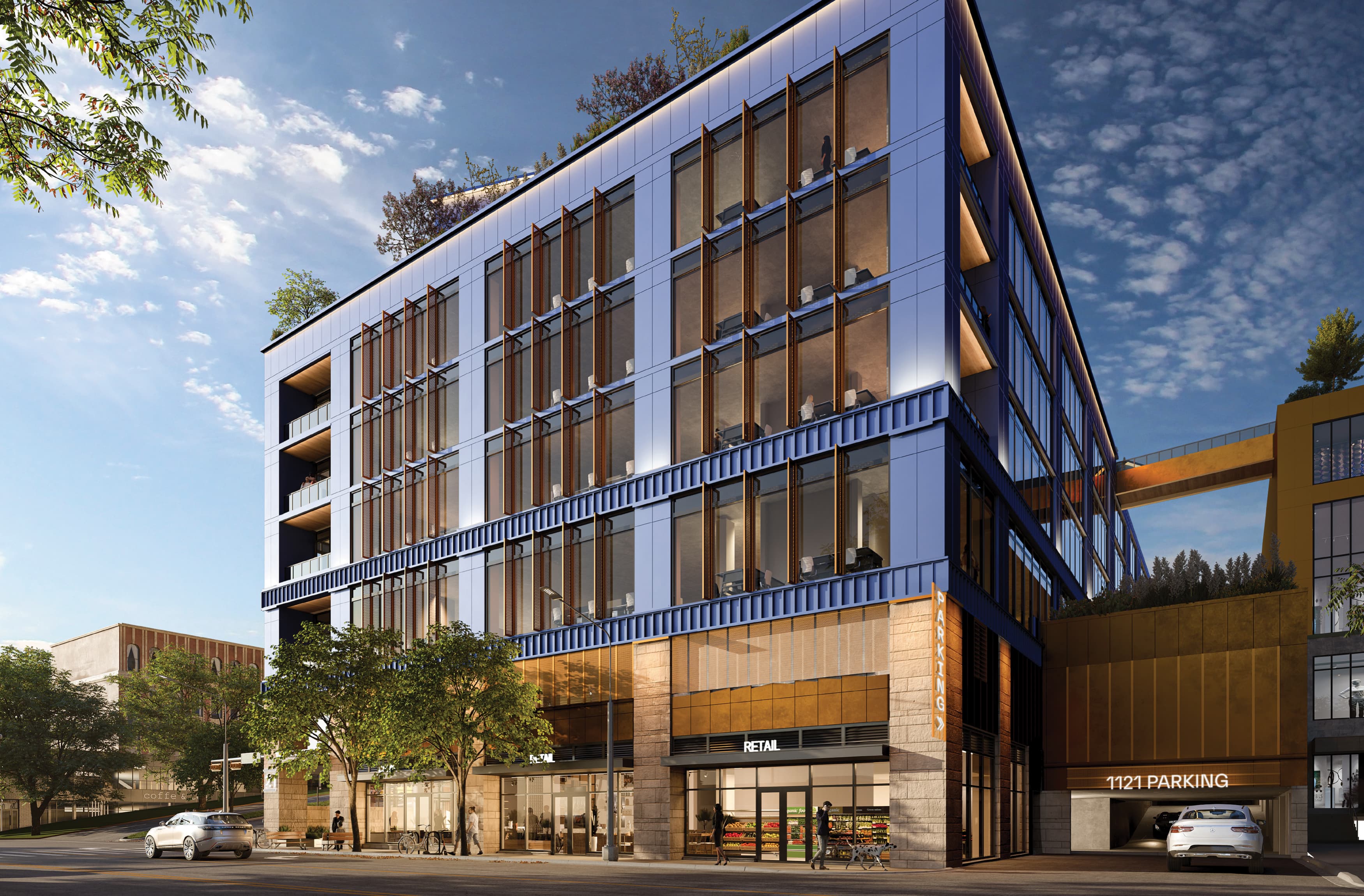 Image view of the side of 1121 Symphony Square office building. Parking garage entrance signage by RSM Design. 