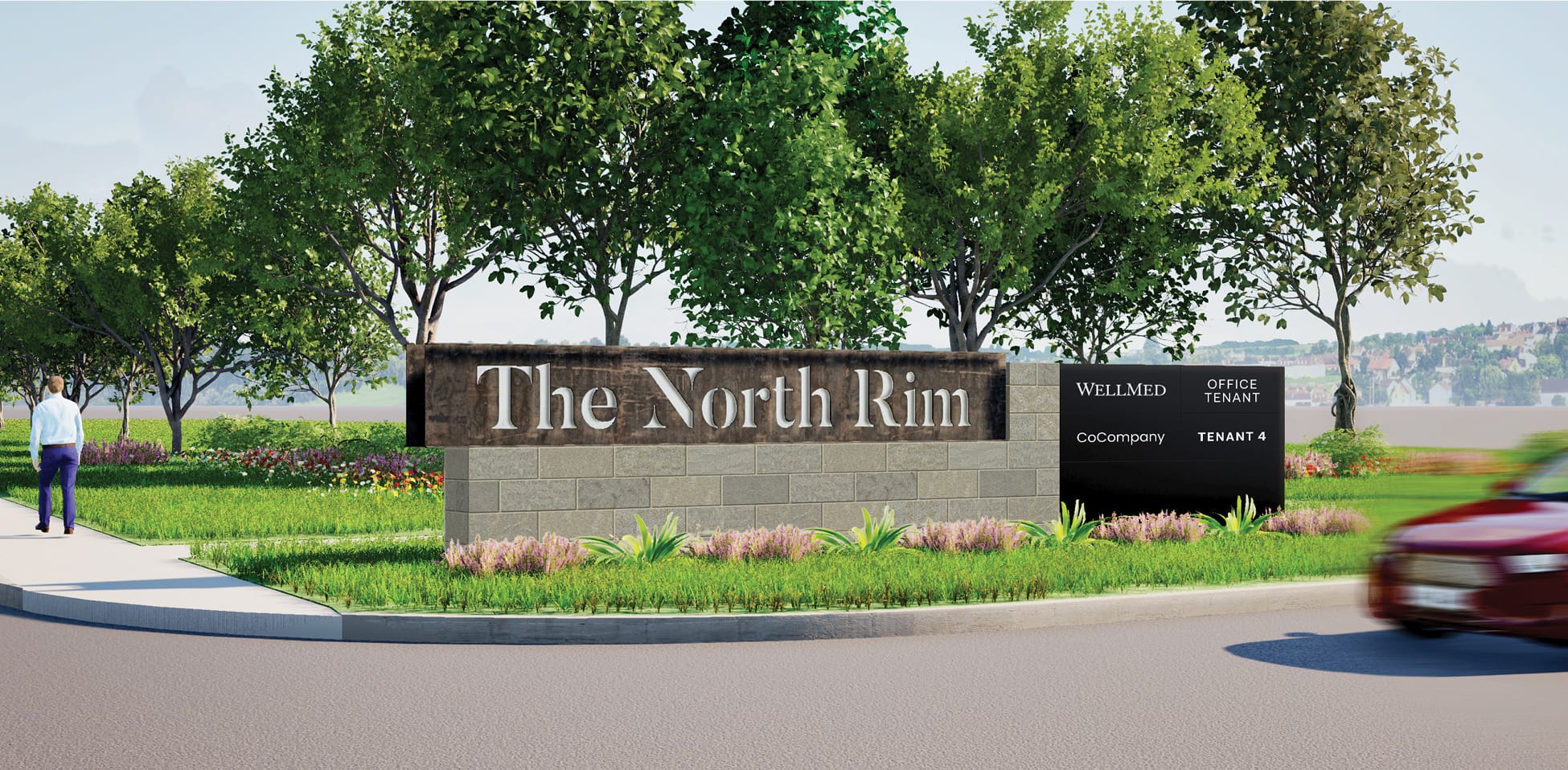 The North Rim entry monument sign rendering with corten steel and tenant panel, wayfinding design by RSM Design