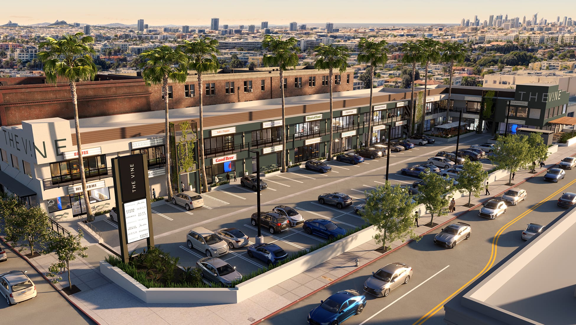 The Vine mixed-use retail development in Los Angeles featuring contemporary storefront design, integrated tenant signage, palm-lined streetscape, and pedestrian-oriented urban placemaking by RSM Design.