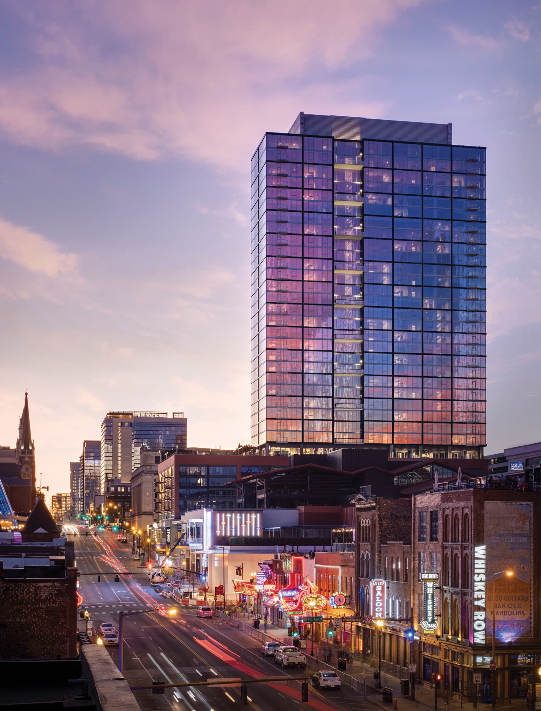 Image overlooking Fifth + Broadway at sunset. Signage and wayfinding for Fifth + Broadway in Nashville, Tennessee by RSM Design