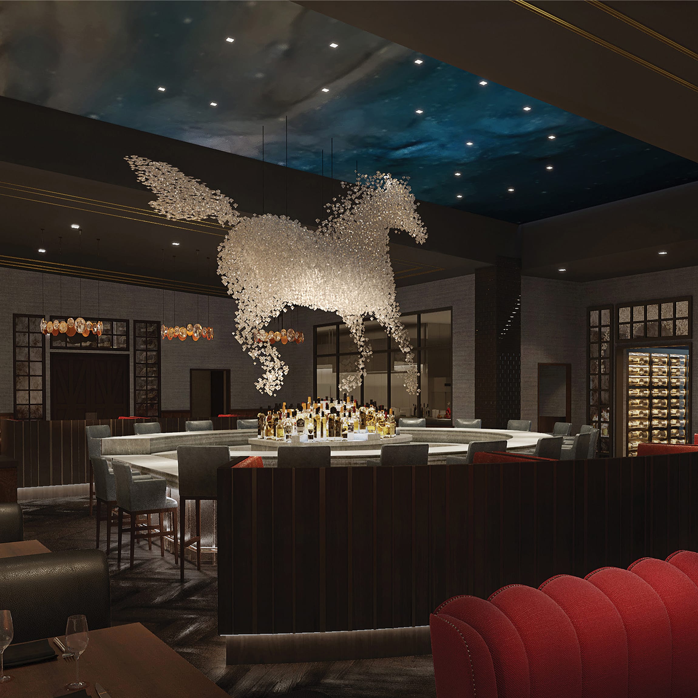 Sculptural crystal horse chandelier suspended above circular bar with starry ceiling and red banquette seating at Trick Rider, Omni PGA Frisco Resort, environmental graphic design by RSM Design.