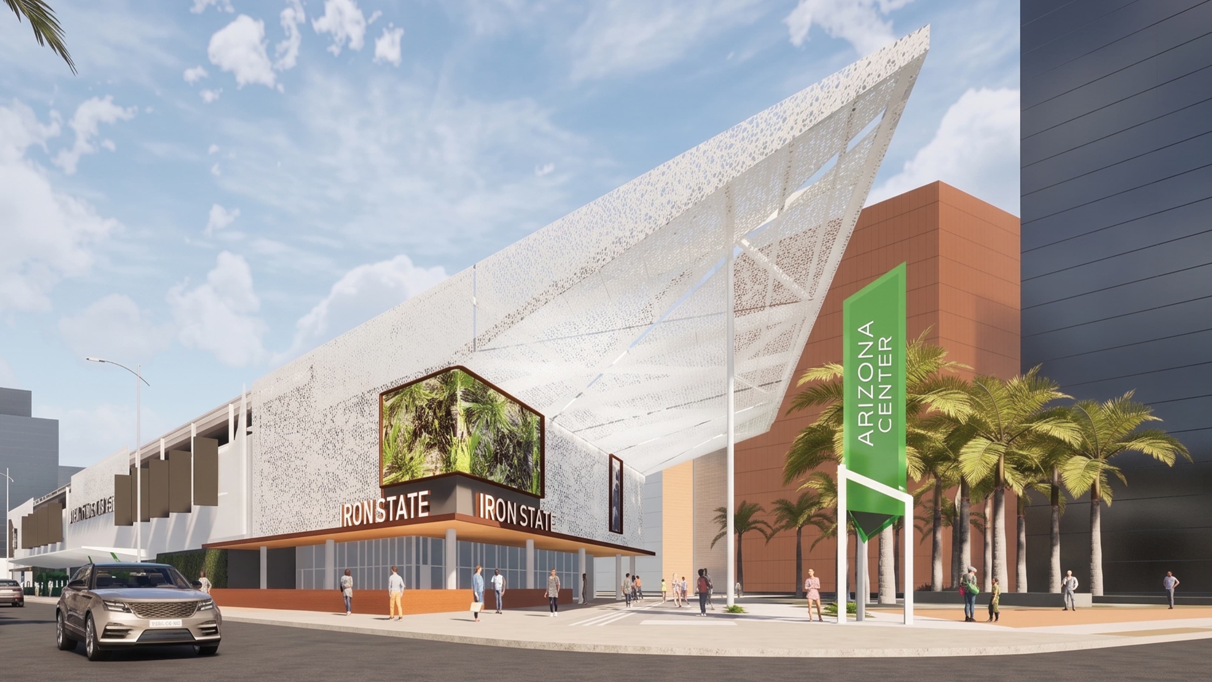 Rendering of main entry corner at Arizona Center in Phoenix, AZ with vertical green monument sign at corner made of tinted green acrylic with large architectural feature wall including digital and tenant signage on canopy.