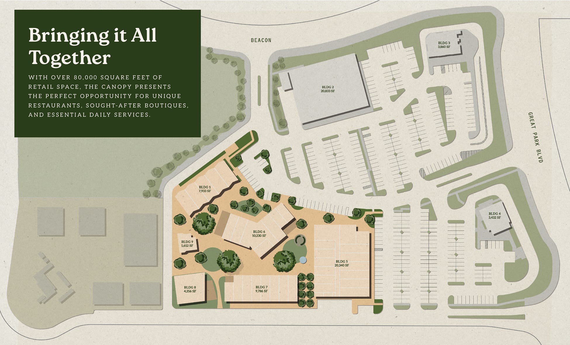 Illustrated site plan showing retail building layout and square footage at The Canopy at Great Park in Irvine - wayfinding and placemaking design by RSM Design