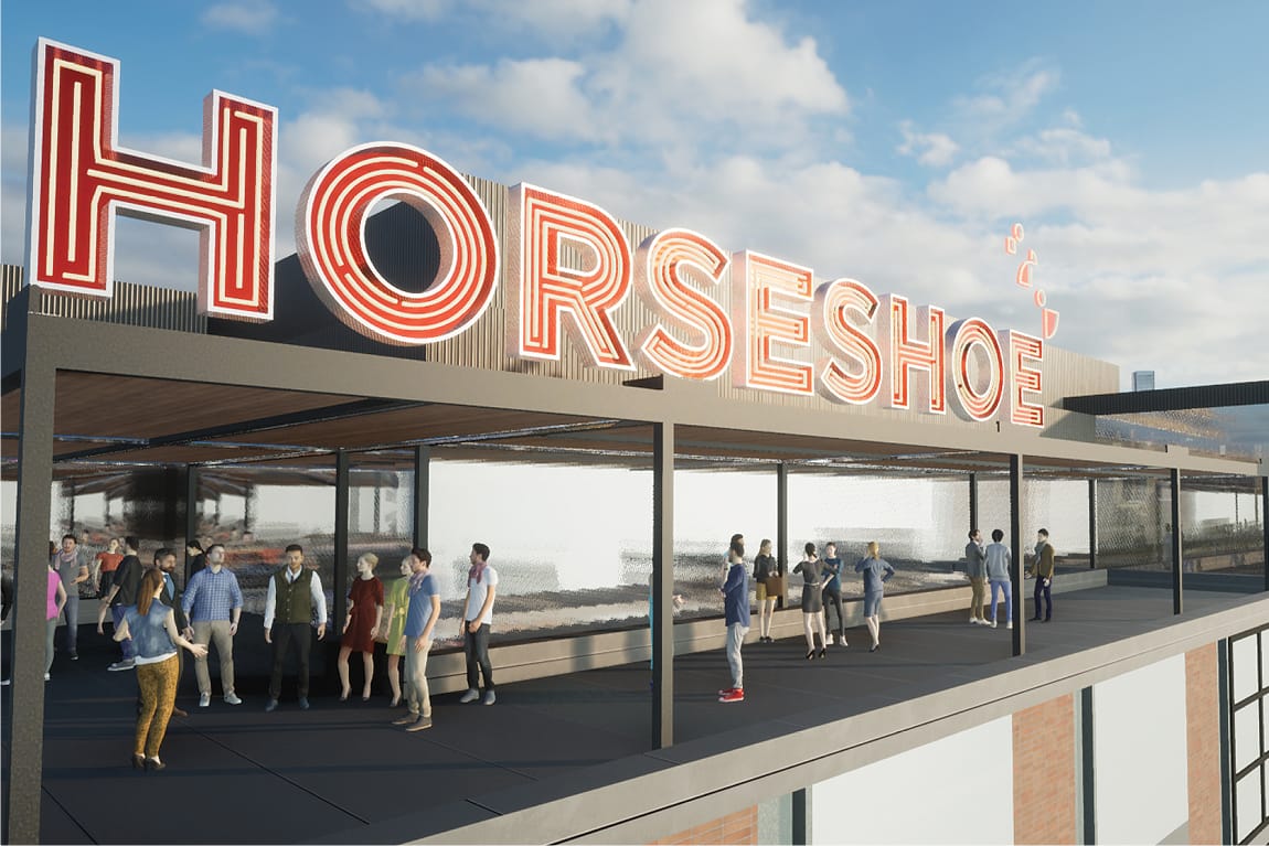 RSM Design rooftop venue signage rendering for Horseshoe at HUB RTP — illuminated neon-style dimensional rooftop sign above an activated outdoor terrace with people gathering at Research Triangle Park, Durham NC