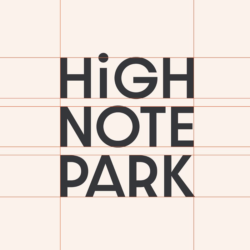 Logo construction diagram showing the "HighNote Park" wordmark overlaid with a grid of proportion and spacing guidelines — brand identity by RSM Design.