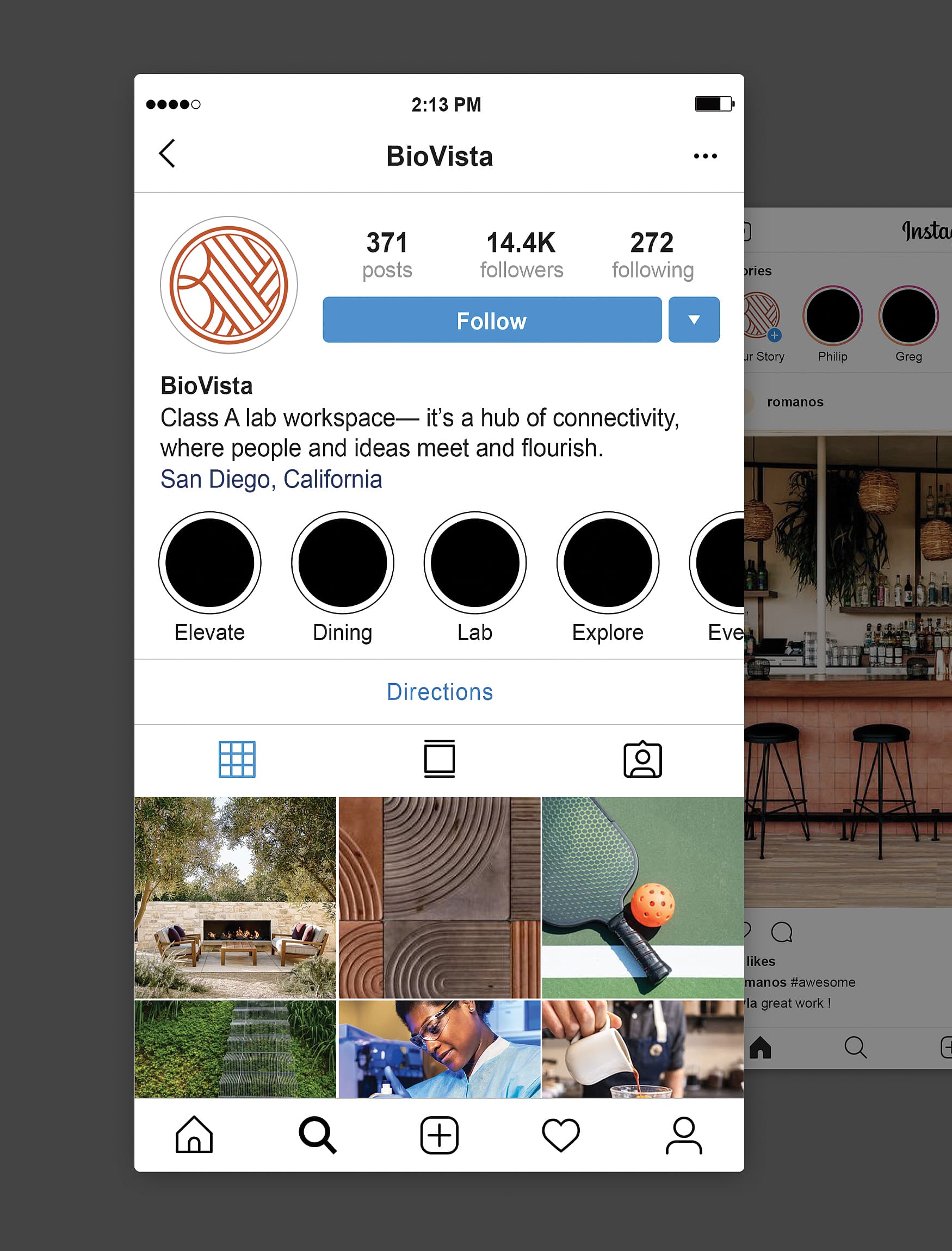 BioVista social media mockup for Instagram page and feed.