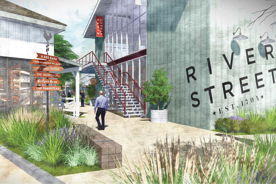 River Street Marketplace directional signage rendering with wall graphics, wayfinding design by RSM Design