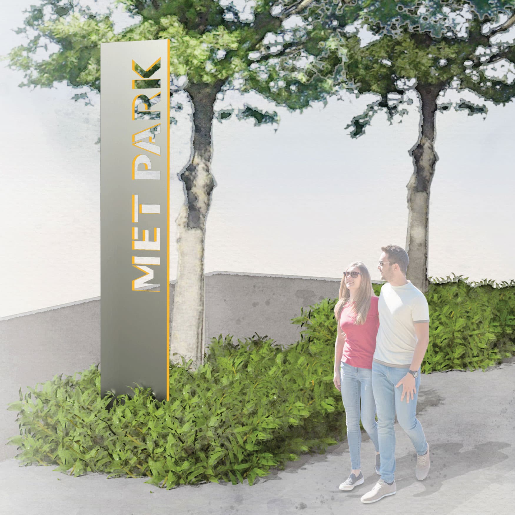 Pedestrian Cut Out sign at Amazon's Met Park, ensuring safe and efficient walkways for visitors and employees. Navigate the campus with ease and enjoy the thoughtfully designed pedestrian pathways in this modern urban space.