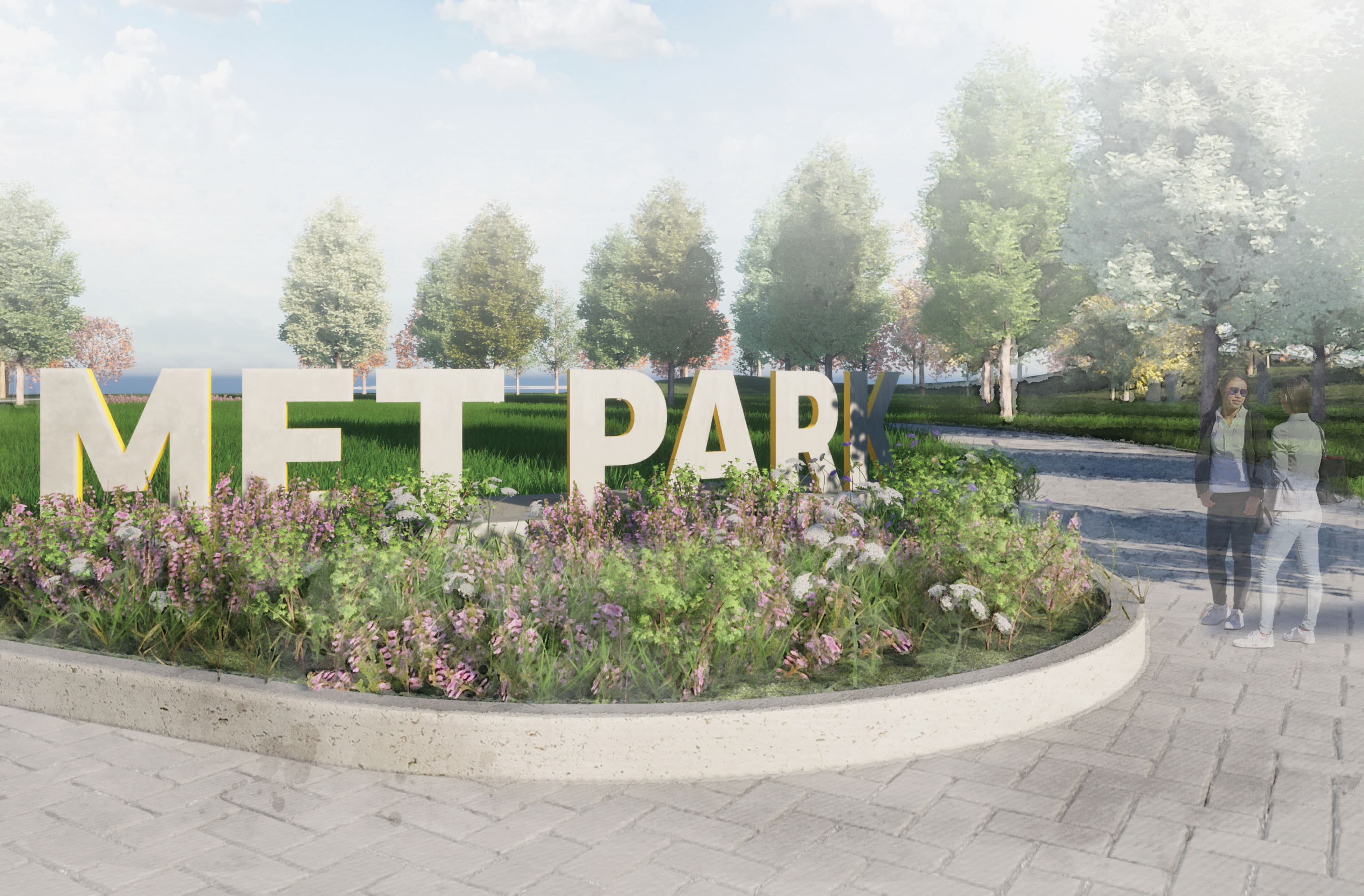 Rendering of a sign at Amazon's Met Park, providing a clear view of key locations and navigation points within the vibrant urban campus. Explore the innovative design and strategic placement of the sign that enhances wayfinding and user experience.