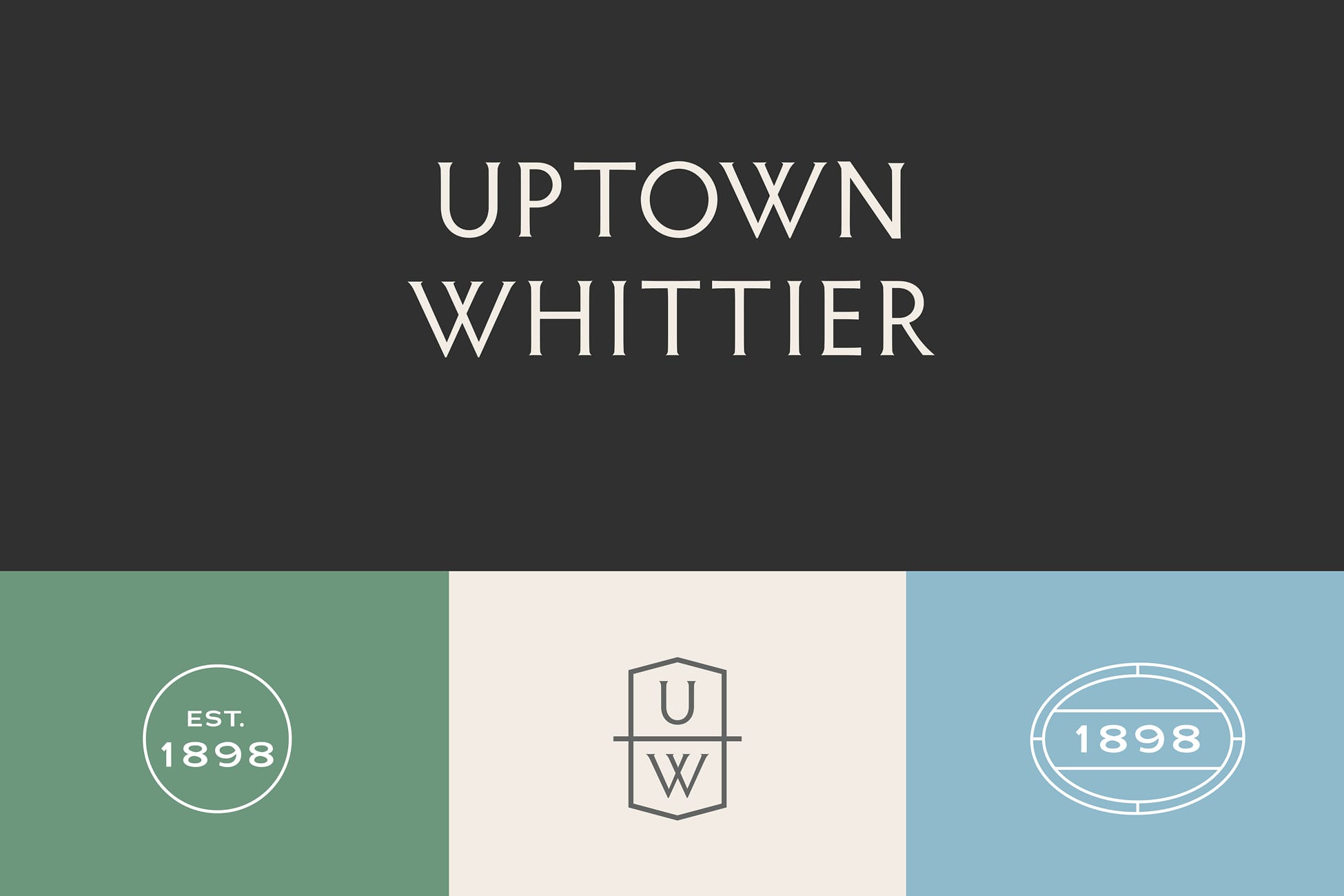 Uptown Whittier brand composition featuring refined serif typography, heritage-inspired marks, and a balanced color palette, establishing a cohesive identity for the district.