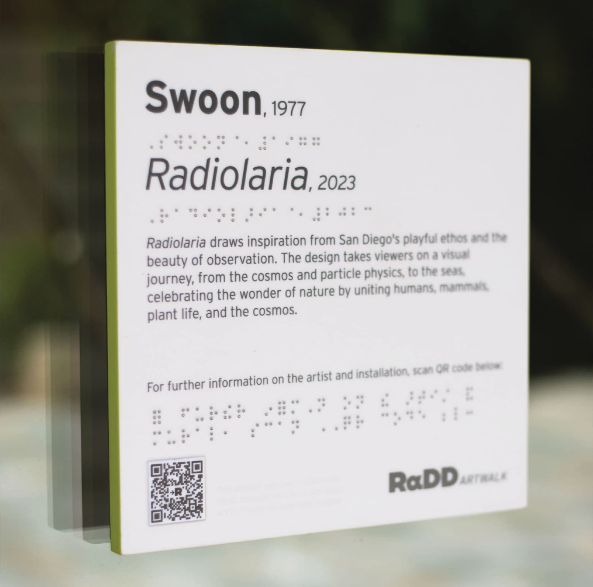 White art label plaque with green edge trim reading 'Swoon, 1977' and 'Radiolaria, 2023,' with corresponding braille translations, a description of the artwork's inspiration from San Diego's ethos and nature, a QR code, and the 'RαDD Artwalk' logo, mounted on a glass surface outdoors.