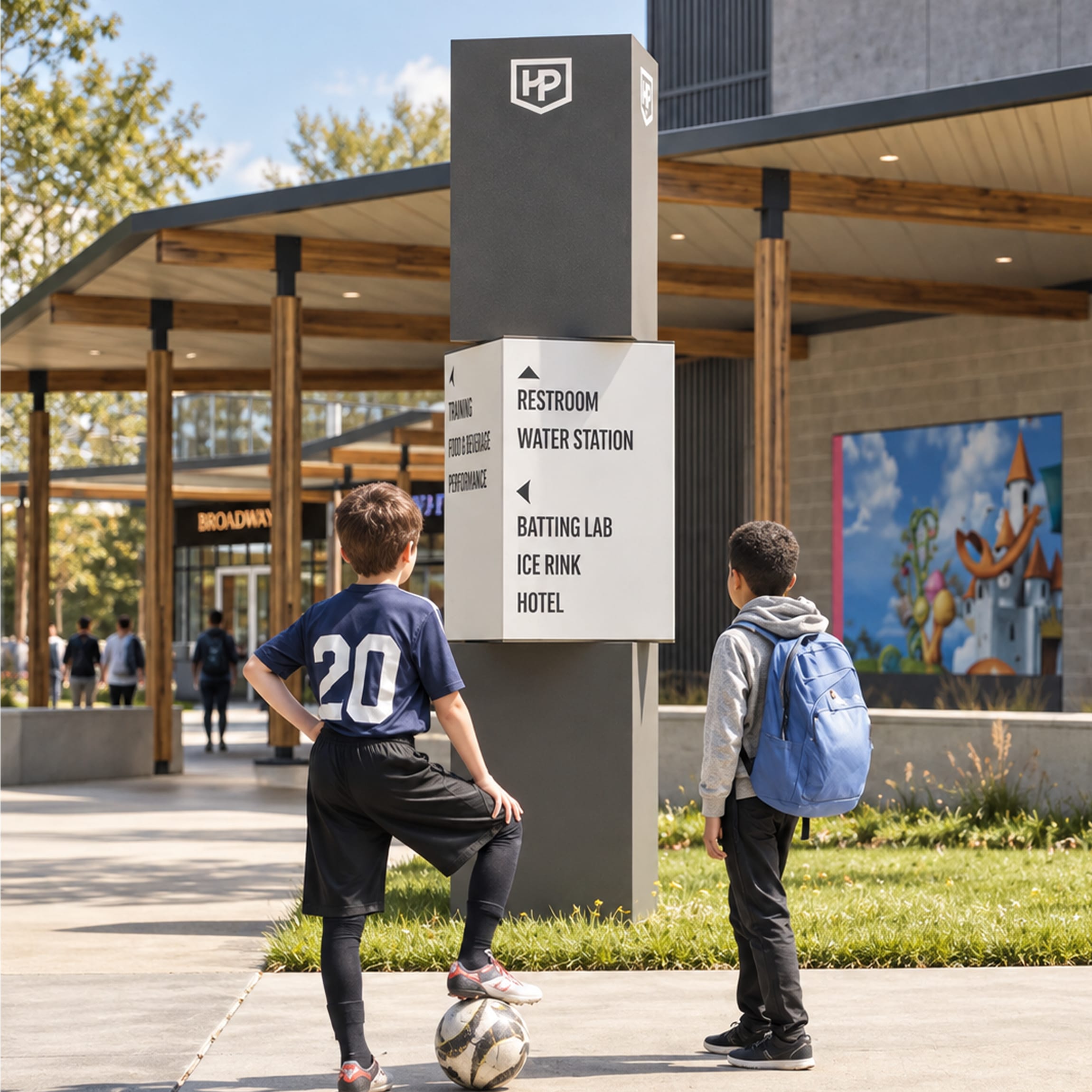 Two young athletes reading a dark gray pedestrian directional with the HP shield mark and a light gray panel pointing to the batting lab, ice rink, and restrooms, beside a wood-beamed walkway, Hylo Park, Las Vegas, wayfinding design by RSM Design.