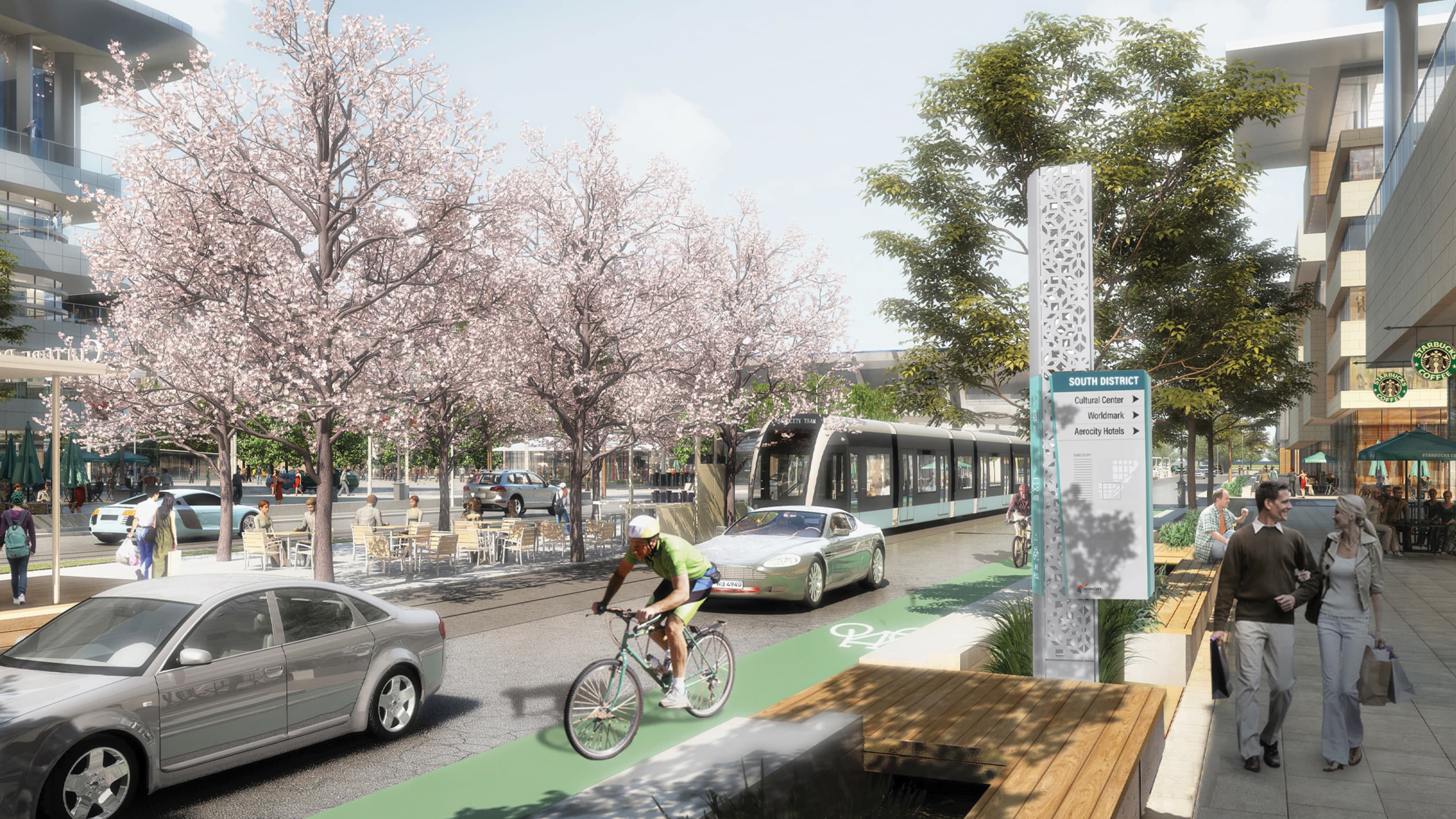 Architectural rendering of Aerocity South District activated streetscape featuring a decorative pedestrian wayfinding pylon directing visitors to the Cultural Center, Worldmark, and Aerocity Hotels, alongside a light rail transit line, bike lane, cherry blossom trees, and mixed-use retail destinations — RSM Design wayfinding and signage design, master sign programs, experiential placemaking, and environmental graphic design for mixed-use, transit, streetscape, retail, and international destinations.