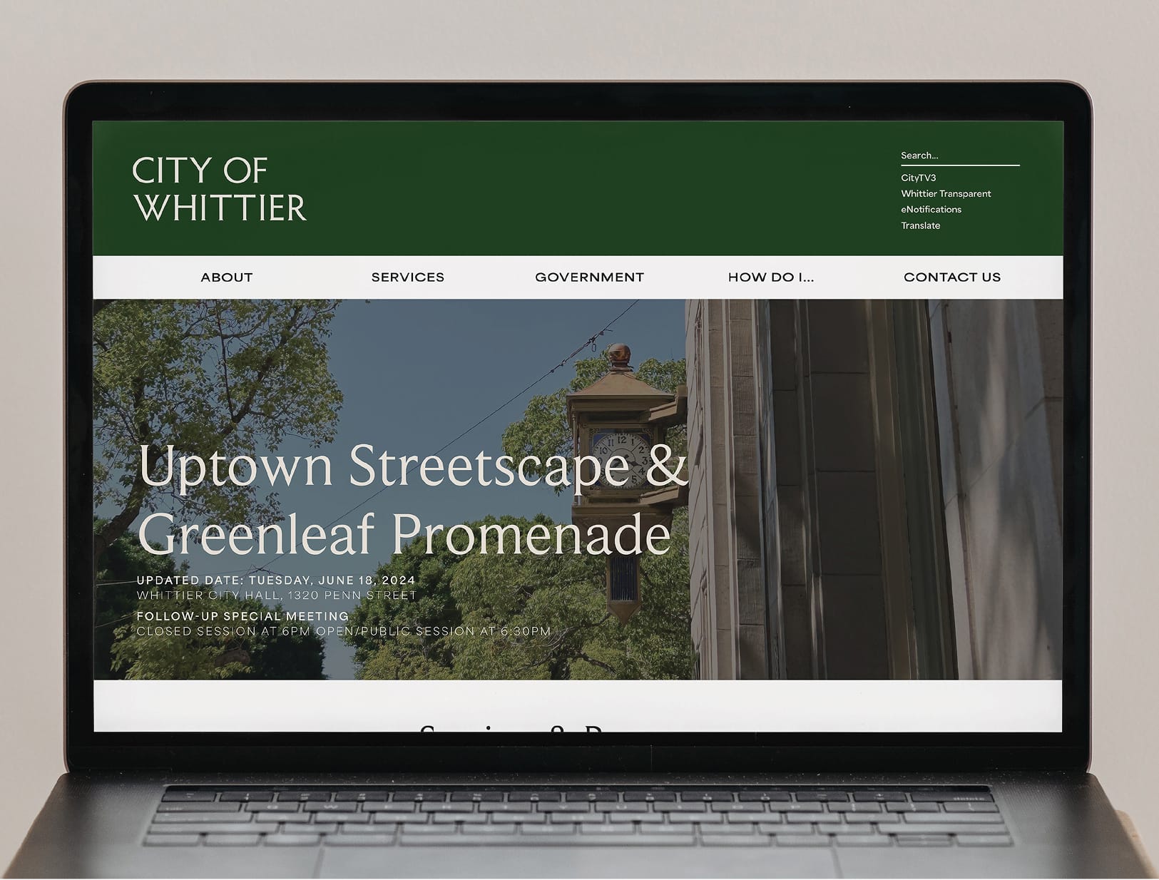 City of Whittier website displayed on a laptop, featuring the refined brand identity, clear navigation, and editorial-style typography applied to civic communication.