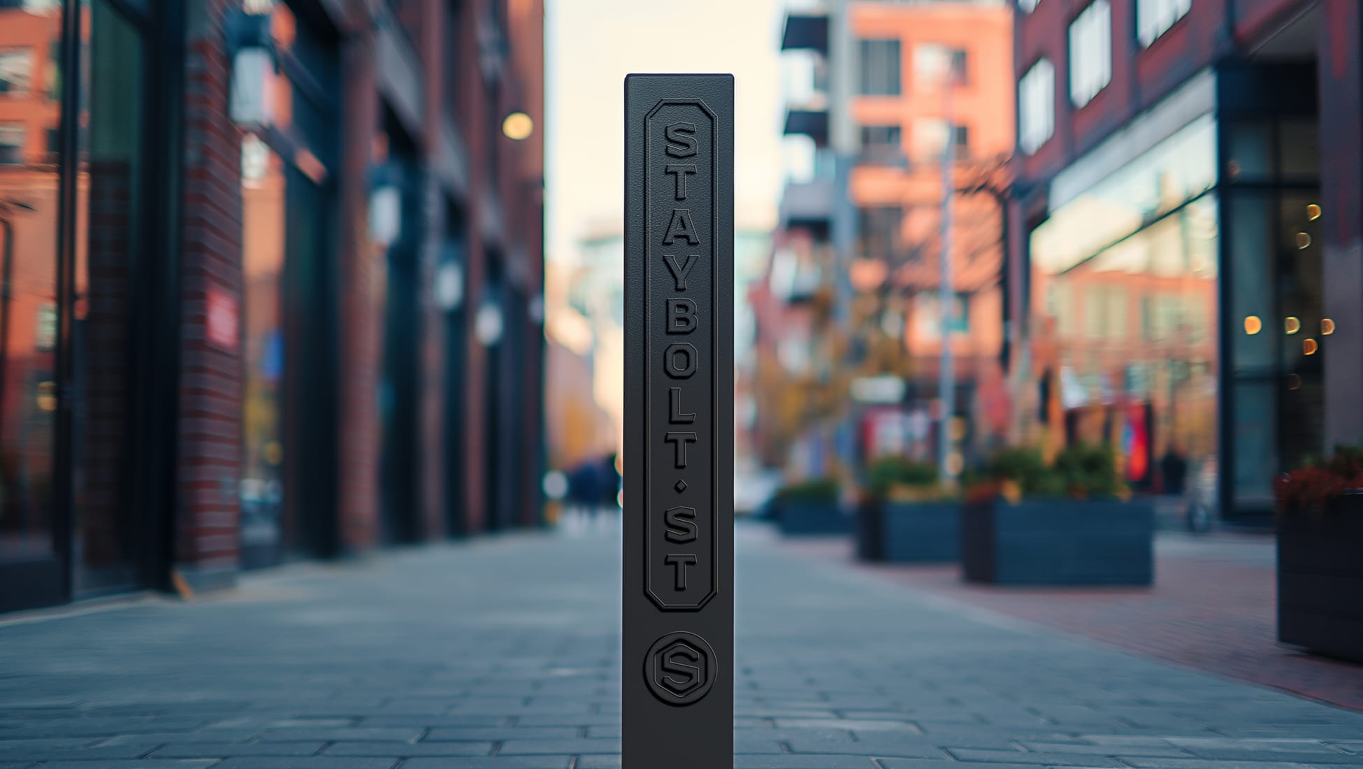 Staybolt Street branded bollard with embossed identity mark in Mansfield, Texas entertainment district — environmental graphic design by RSM Design