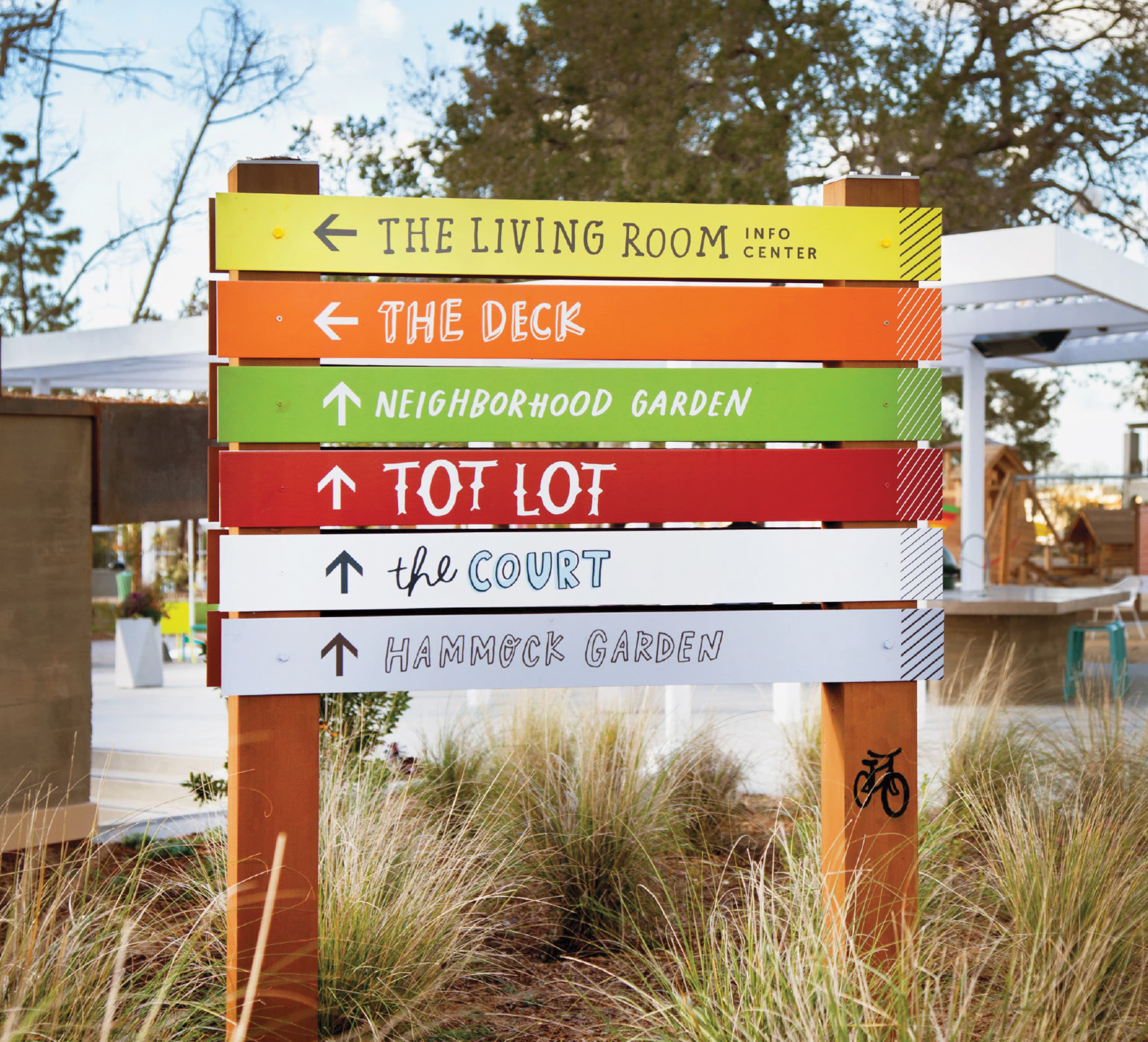 RSM Design pedestrian wayfinding signage and placemaking for FivePoint at Great Park Neighborhoods in Irvine, California, featuring a full front view of a colorful stacked wood slat multi-directional sign on a cedar post directing visitors to The Living Room Info Center, The Deck, Neighborhood Garden, Tot Lot, The Court, and Hammock Garden, with each destination color-coded in yellow, orange, green, red, and white with playful mixed typography and diagonal stripe accents and a bicycle icon on the post base, set within a native grass landscape with a community pavilion and play structures visible behind, demonstrating how environmental graphic design, specialty graphics, and wayfinding and signage design create a cohesive, character-driven navigation system for residential community and park markets.