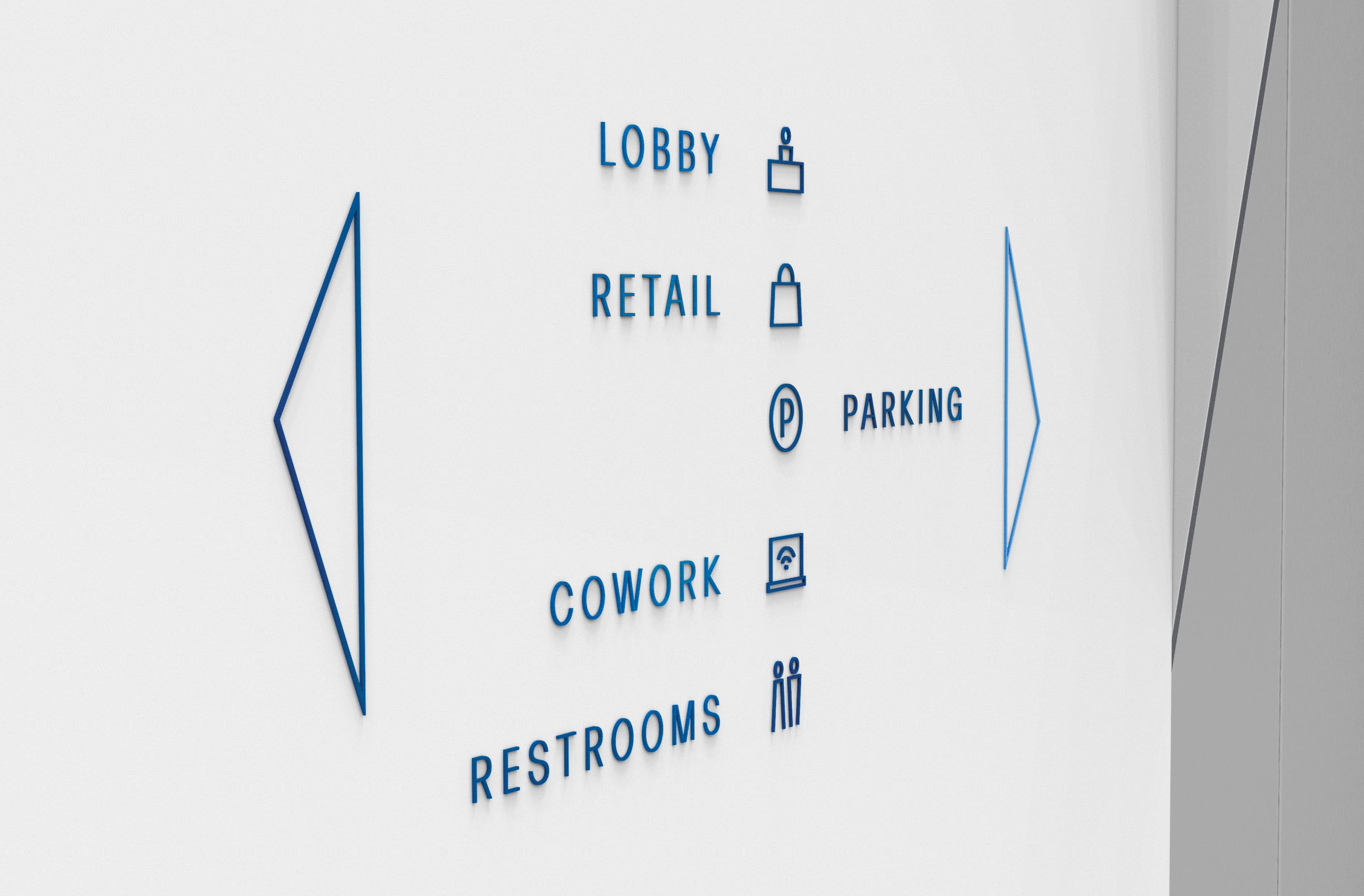 Close up detail image of the wayfinding signage design at 1121 Symphony Square in Austin, Texas.