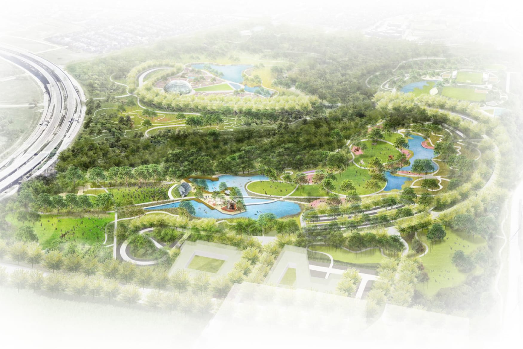 Aerial rendering of Grand Park in Frisco, TX, showing winding trails, connected lakes, open green lawns, and tree-lined pathways spread across a large landscaped park site.