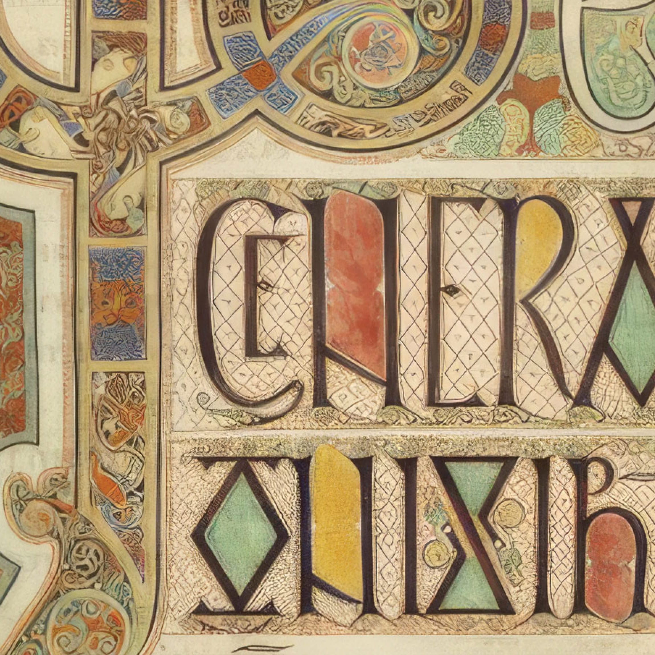 Detail of illuminated manuscript-style artwork with decorative capital letters, jewel-toned patterns, and Celtic-inspired ornamentation — custom pattern design by RSM Design