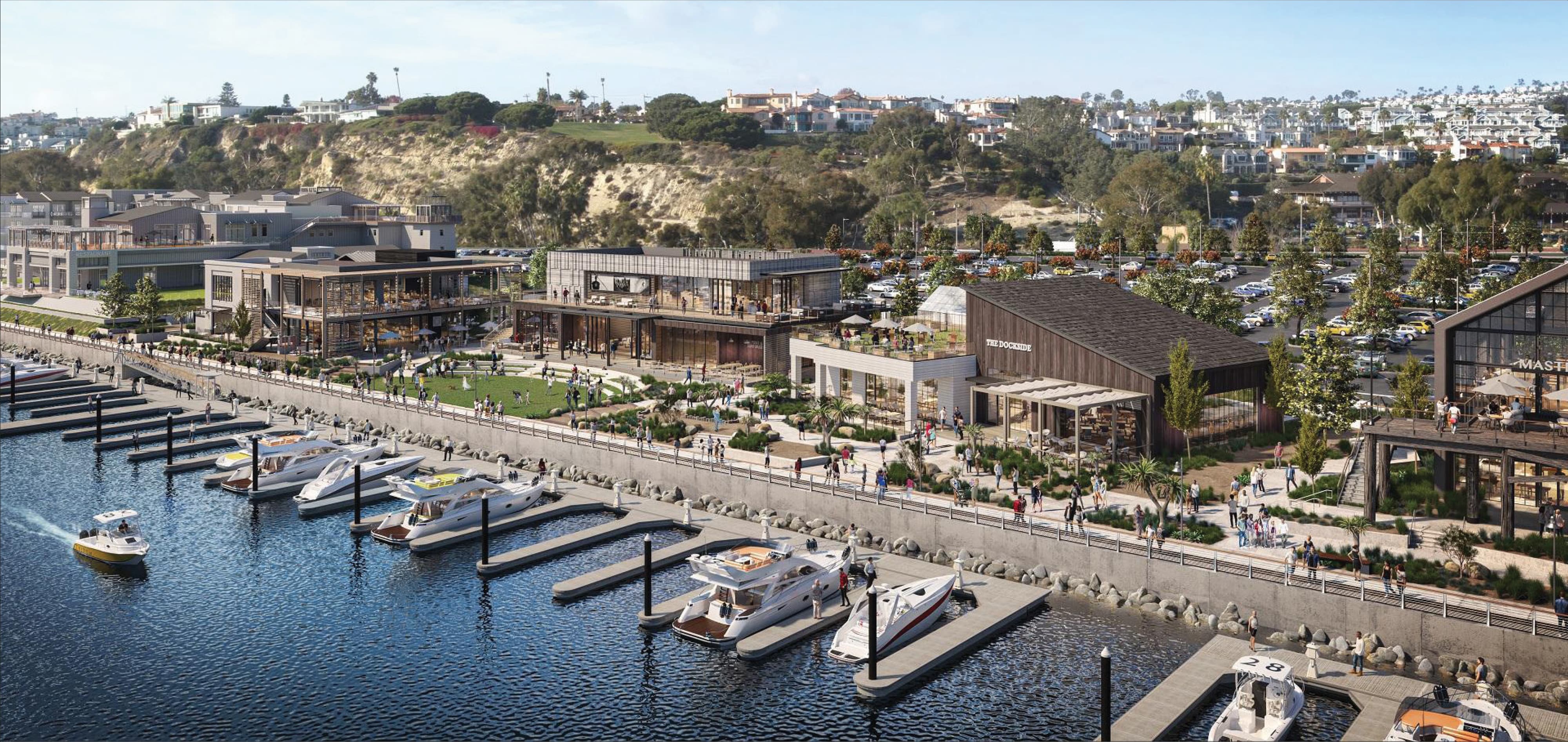 Architectural rendering of Dana Point Harbor revitalization featuring The Dockside tenant identification signage, marina boat slips, activated waterfront promenade, coastal dining and retail buildings, native landscaping, and Dana Point hillside in the background — RSM Design wayfinding and signage design, master sign programs, environmental graphic design, and experiential placemaking for waterfront, civic, mixed-use, food and beverage, retail, and park destinations.