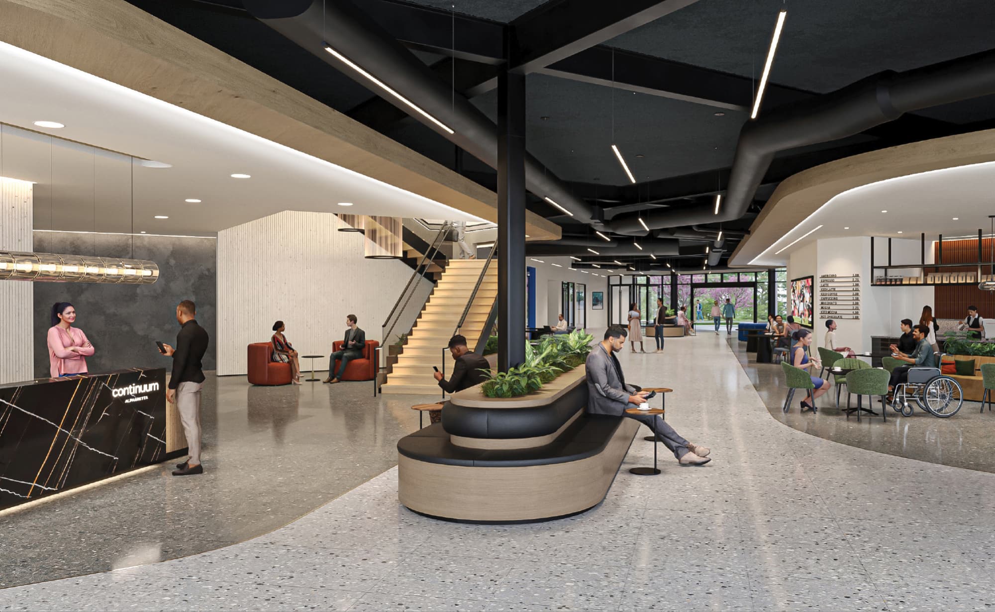 RSM Design photorealistic interior rendering of the lobby branded environment and visual identity for Continuum Alpharetta, depicting a spacious, activated ground floor with a Continuum Alpharetta branded marble reception desk, tenant directory signage, experiential graphics on feature walls, a central planting island with seating, cafe area, and diverse people working and socializing throughout, illustrating how environmental graphic design, visual identity, wayfinding and signage design, placemaking, and branded environments are visualized during the design process to create inclusive, human-centered interior experiences for mixed-use workplace, health and wellness, and residential community markets.