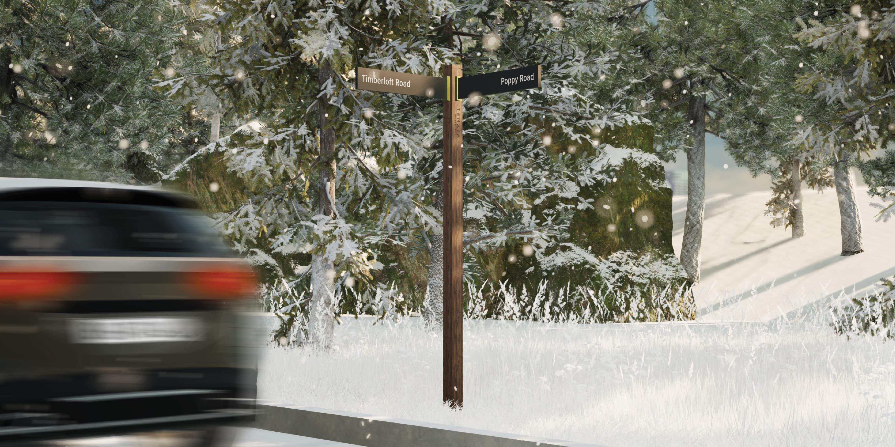 Image of a car driving past the roadside directionals at the entrance to Tenaya at Yosemite