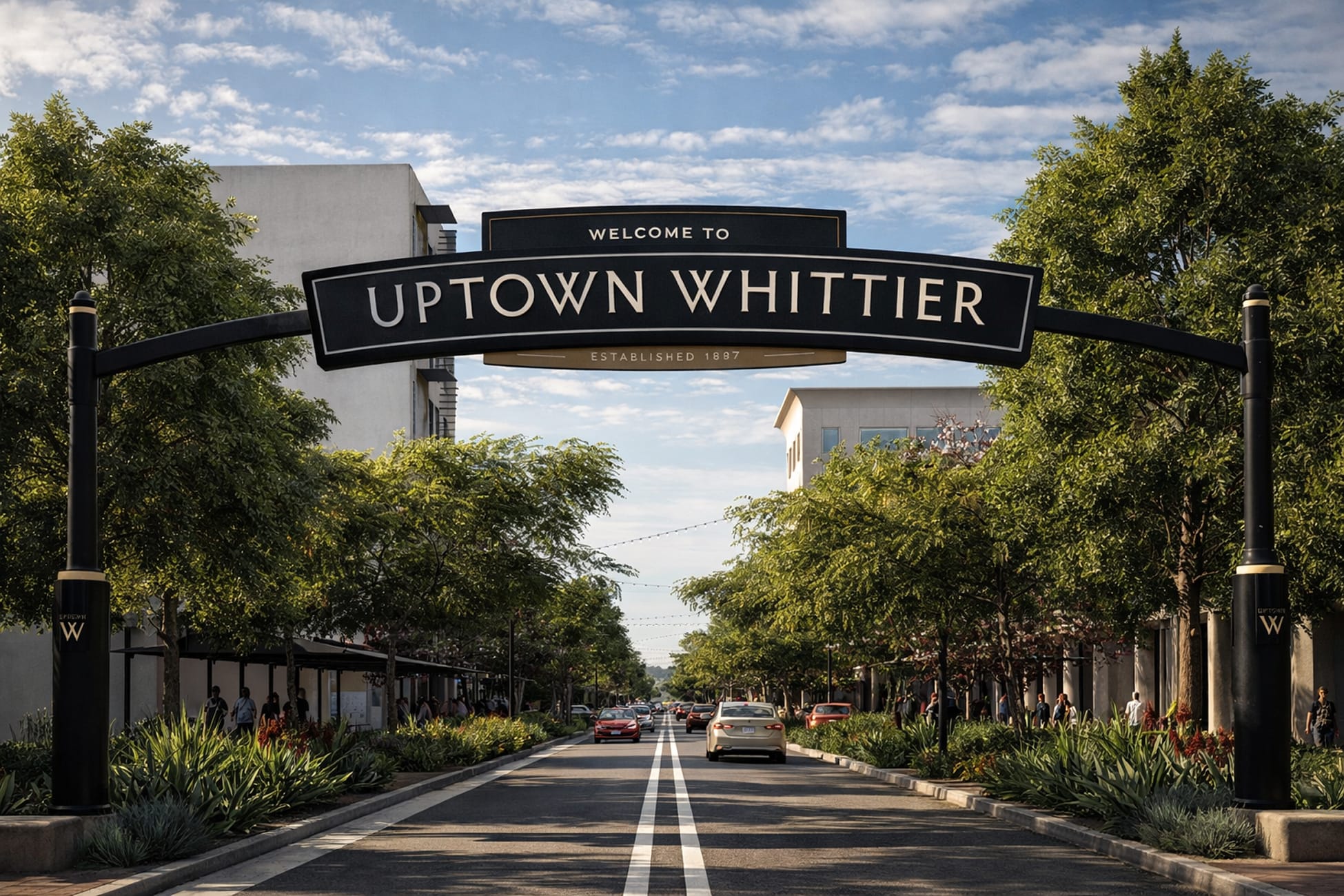 Uptown Whittier gateway signage spanning the street, featuring classic serif typography and a timeless black and gold palette that establishes a strong sense of arrival and district identity.