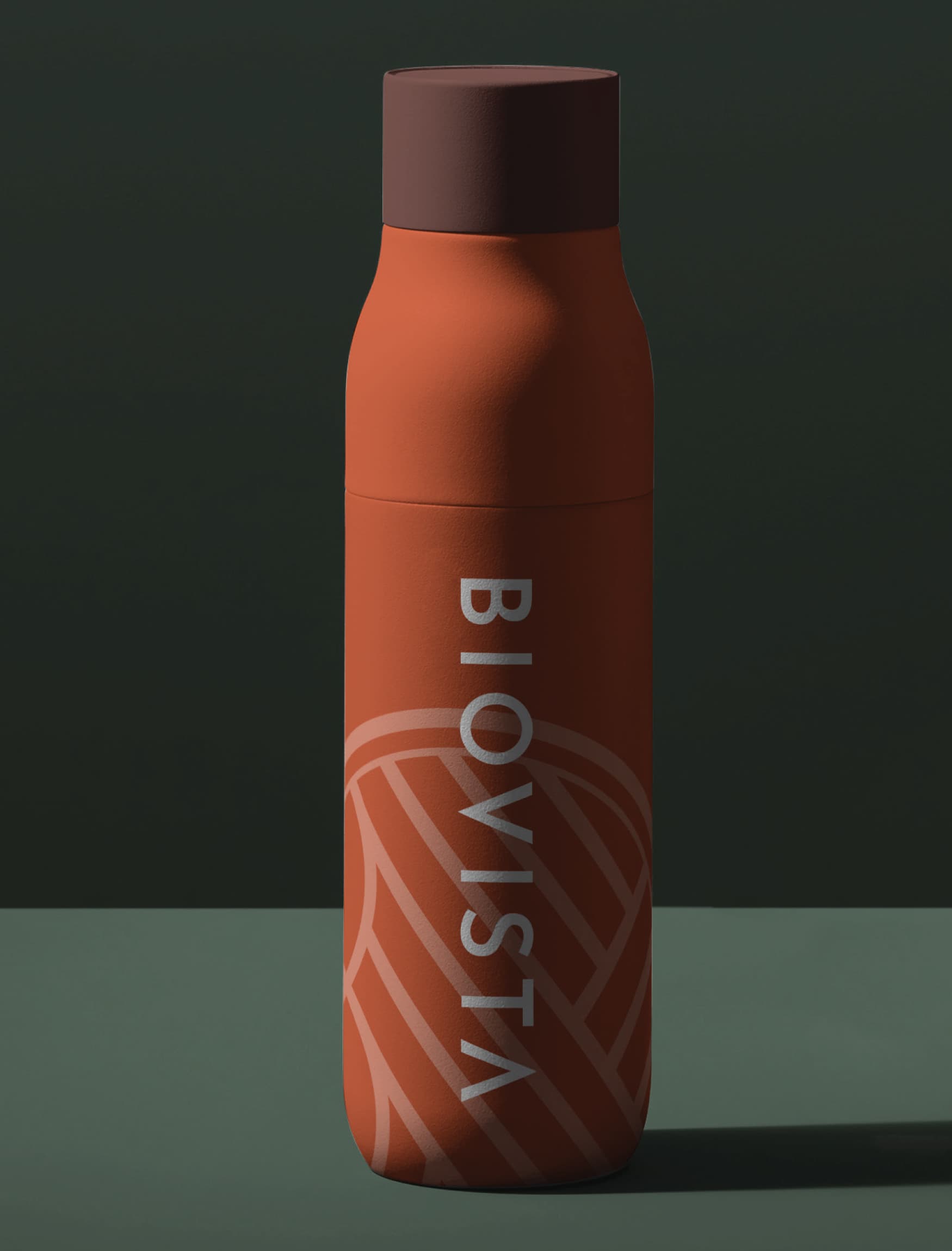Orange waterbottle with the Biovista logo and patterning 
