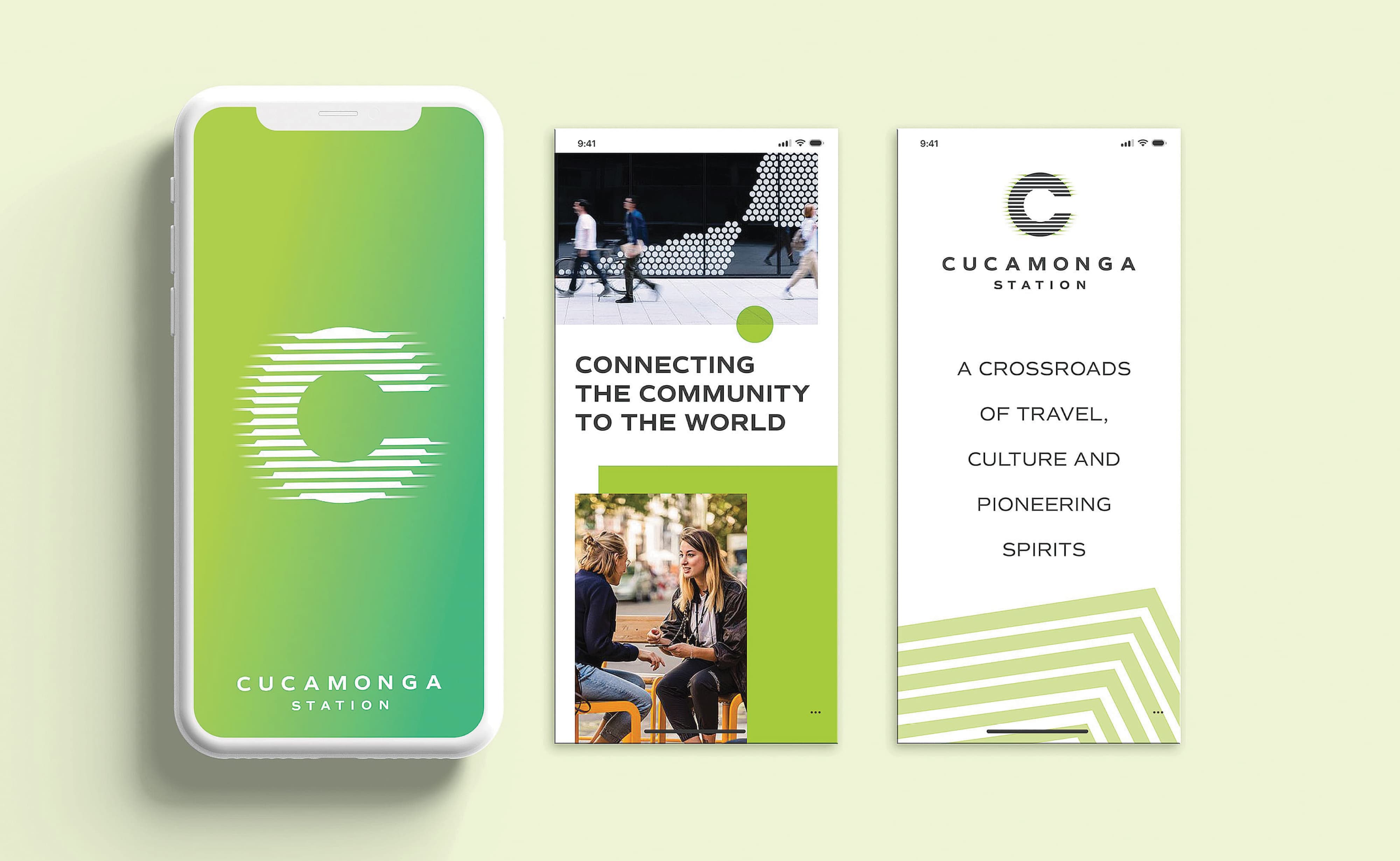 Three Cucamonga Station mobile app screen mockups displayed side by side — a lime green gradient splash screen with the animated "C" logomark and wordmark, a community content screen reading "Connecting the Community to the World" with pedestrian and social imagery, and a brand messaging screen describing the station as "A Crossroads of Travel, Culture and Pioneering Spirits" with a green chevron graphic — showcasing RSM Design's digital integration and interactive solutions and branding and visual identity services applied across the transit market.