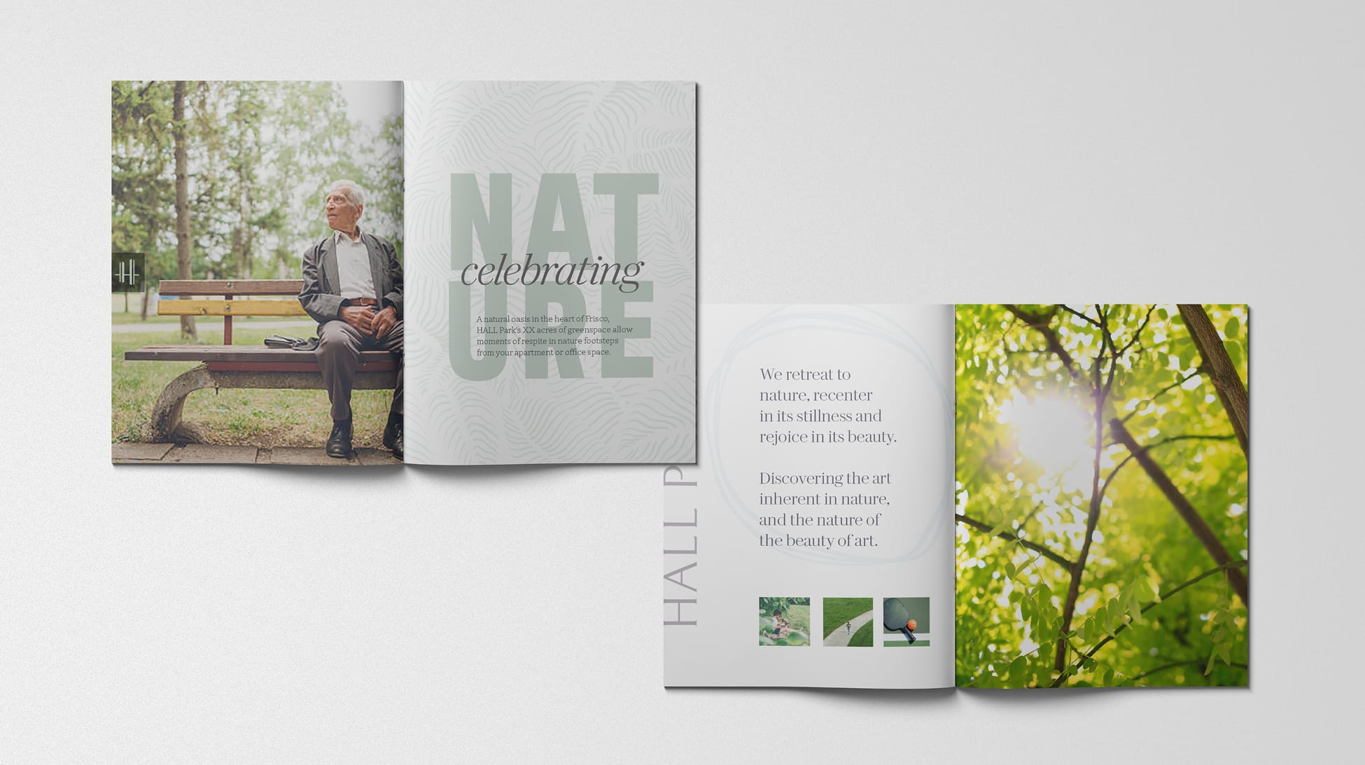 Two open brochure spreads on a "celebrating nature" theme, featuring park photography and greenspace copy for Hall Park - brand identity and print collateral by RSM Design