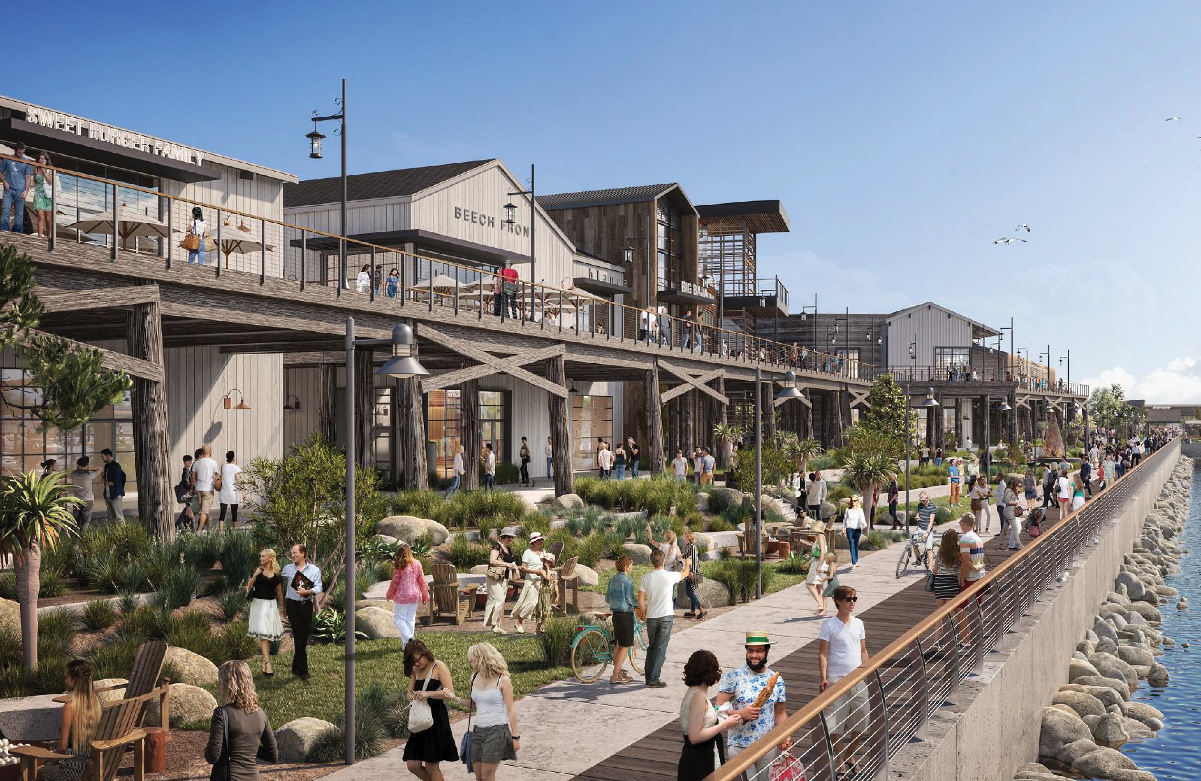 Architectural rendering of Dana Point Harbor revitalization featuring an activated waterfront promenade with tenant identification signage, coastal retail and food and beverage buildings, native landscaping, and pedestrians enjoying the marina-side walkway — RSM Design environmental graphic design, wayfinding and signage design, experiential placemaking, and branded environments for waterfront, civic, mixed-use, food and beverage, retail, and park destinations.