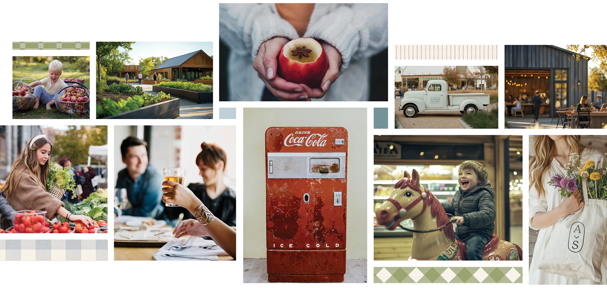 Avenue South mood board collage with farmers market produce, vintage Coca-Cola machine, farmhouse pavilion, coin-operated pony ride, and branded tote bag, brand identity and placemaking by RSM Design.