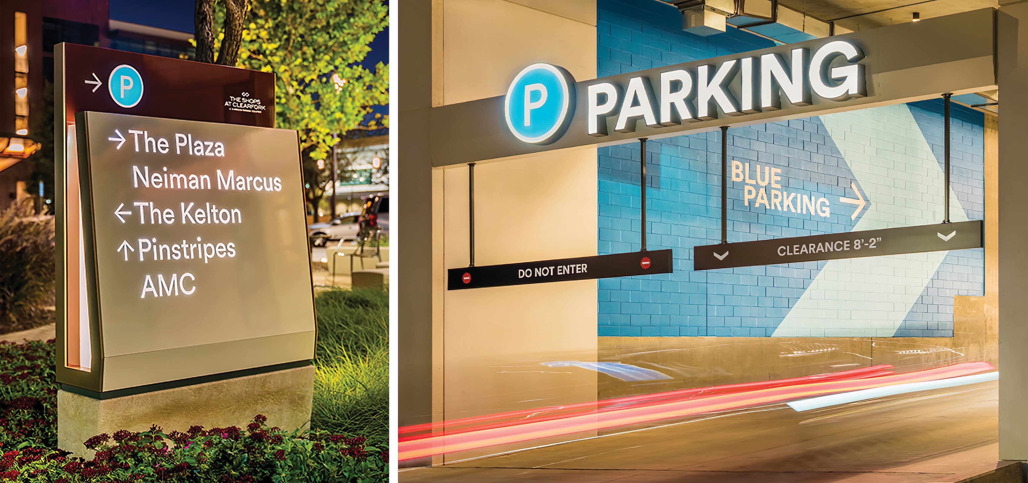 The Shops at Clearfork is an upscale, mixed-use development in the heart of Fort Worth. Vehicular wayfinding design and parking garage signage.