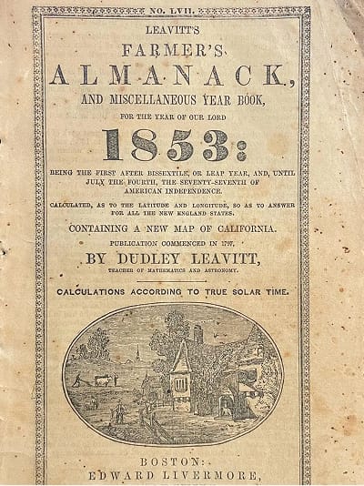 Vintage 1853 Leavitt's Farmer's Almanack cover with ornate border and engraved village illustration, brand identity research reference by RSM Design.