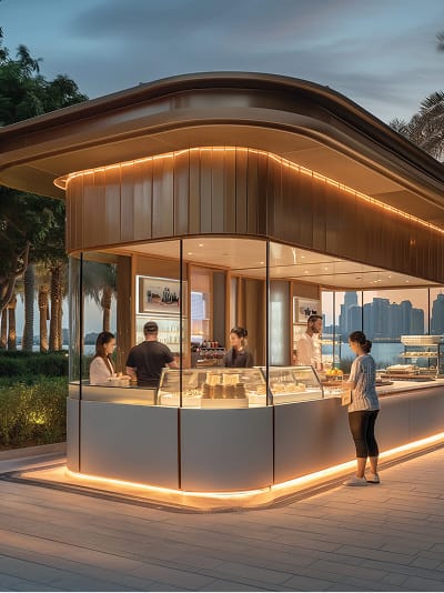 RSM Design Ramhan Island Marina Abu Dhabi — warm-lit waterfront retail kiosk with curved timber and glass facade, outdoor food and beverage outlet on landscaped marina promenade at dusk