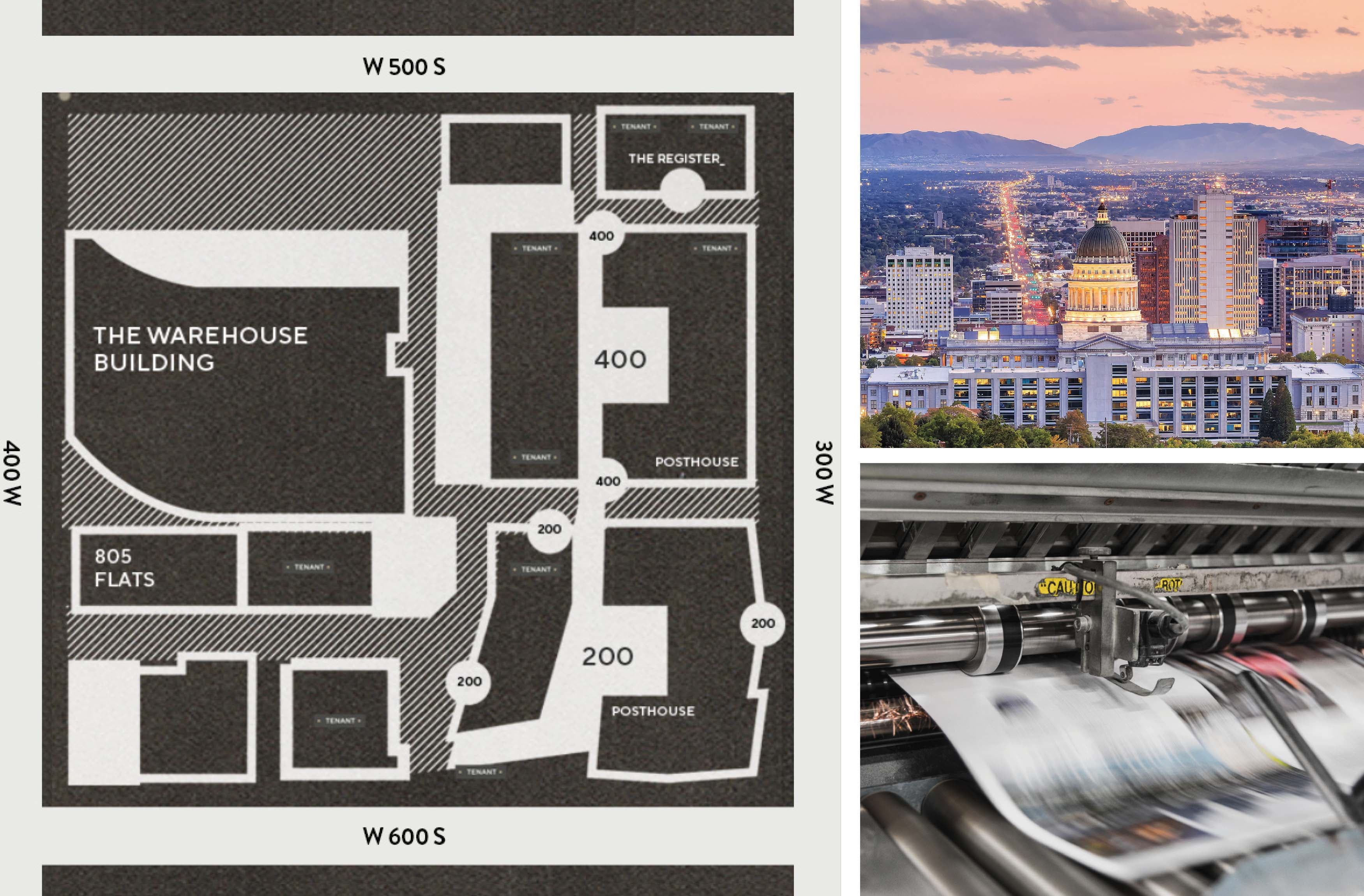 A map of the Post District building, photo of the skyline and an image of a printer in motion. 
