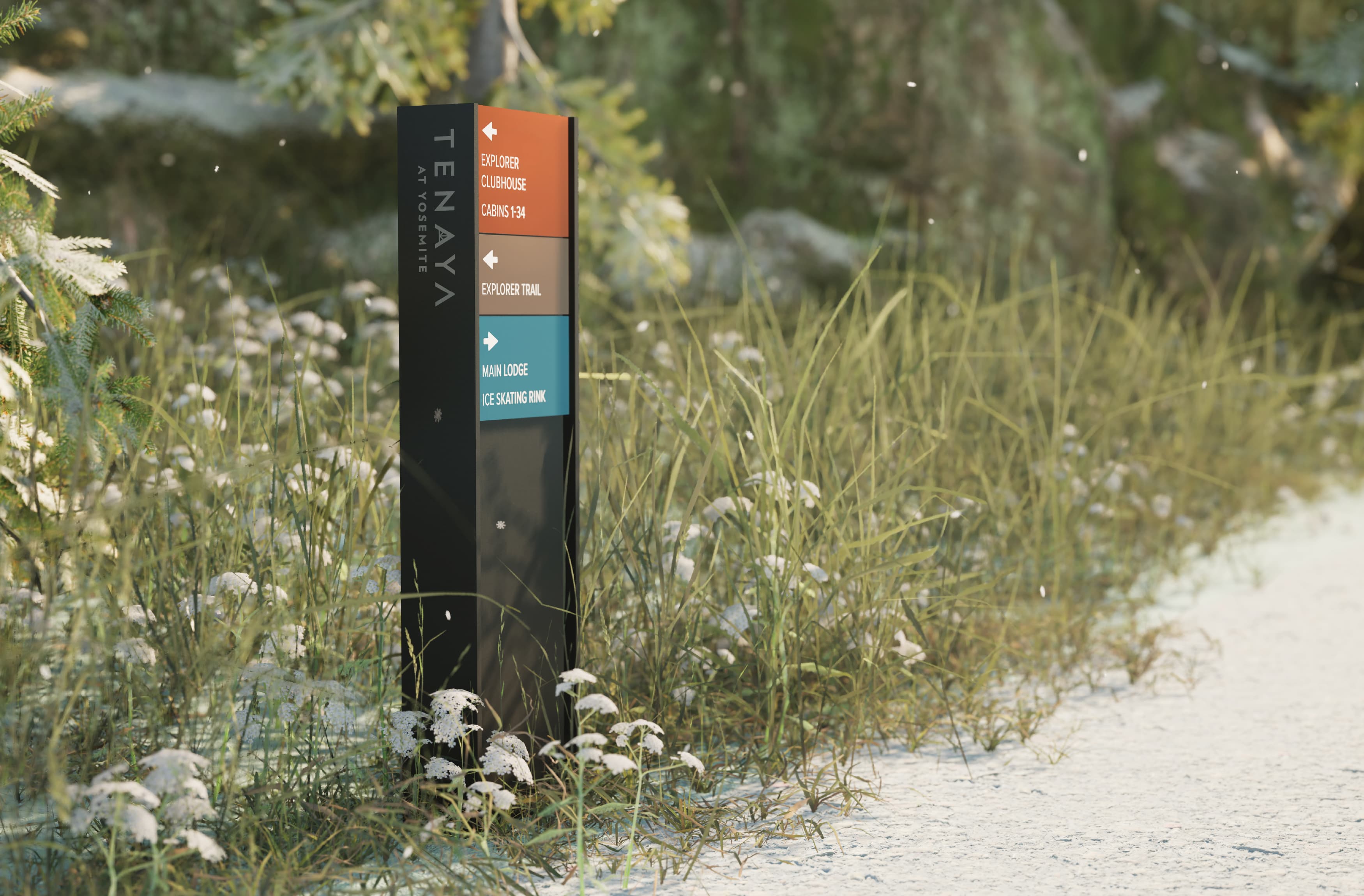 Image of a directional sign at Tenaya at Yosemite in a lush mountain landscape