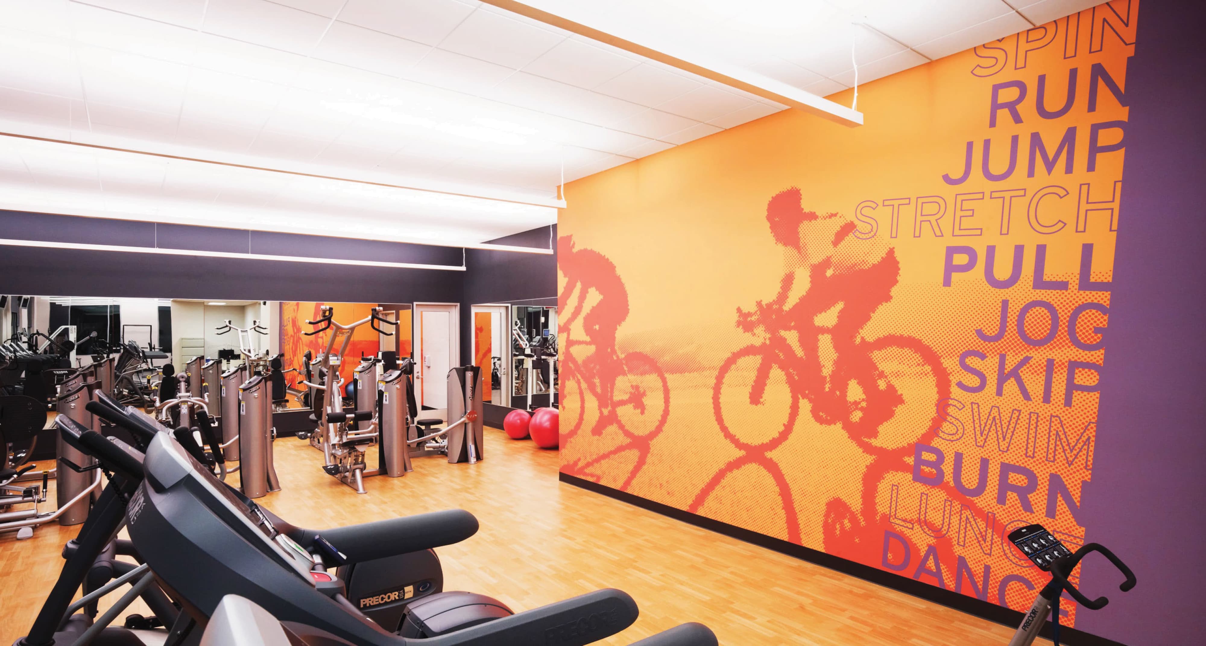 Fitness center interior featuring large-scale environmental graphic wall murals and motivational typography, illustrating experiential graphic design, branded environments, and placemaking within hospitality, mixed-use, and workplace wellness environments.