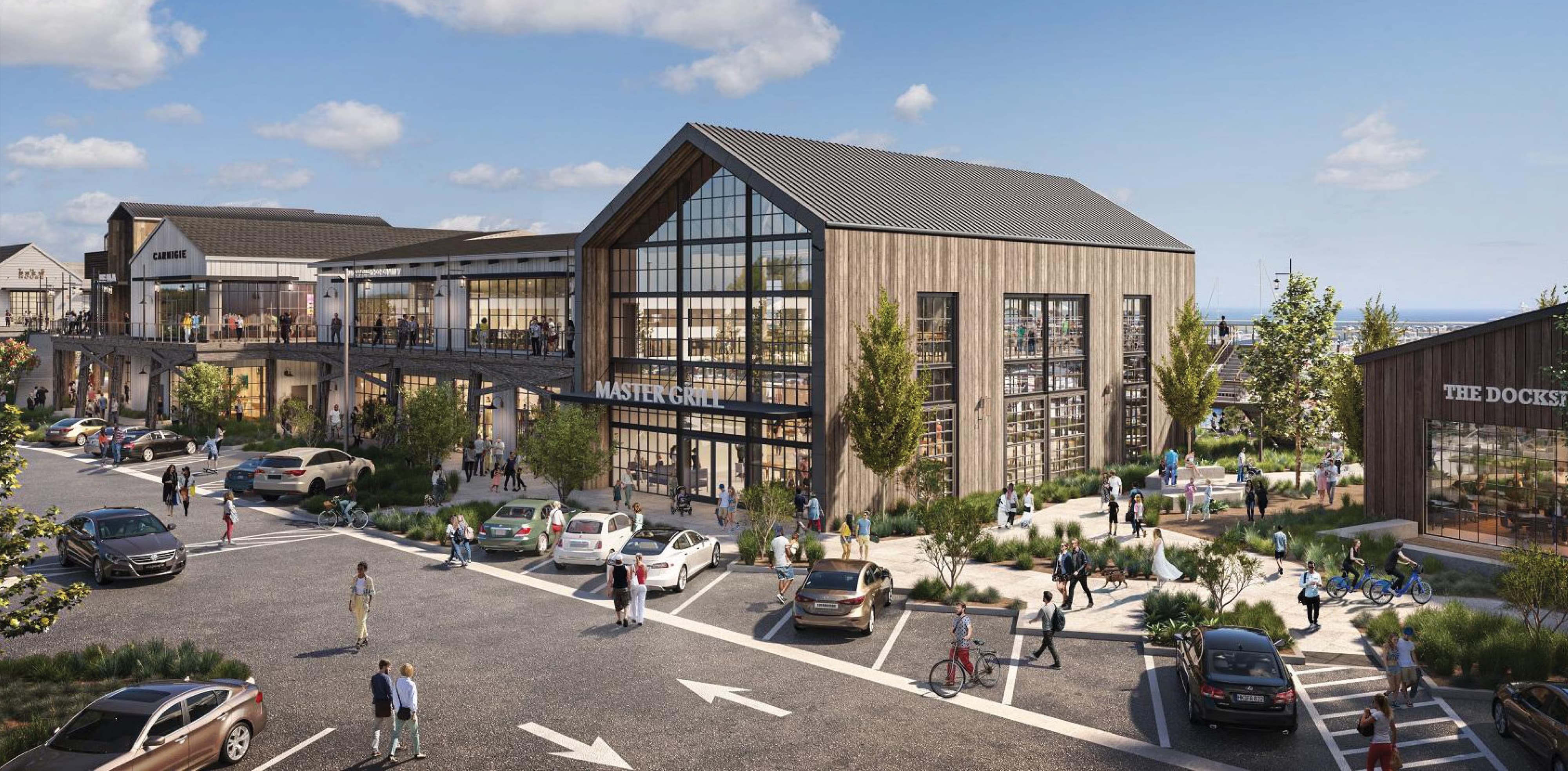 Architectural rendering of Dana Point Harbor revitalization street-level plaza featuring tenant identification signage for Master Grill, The Dockside, and Carnegie on coastal barn-style buildings, with activated pedestrian plazas, vehicular circulation, native landscaping, and Pacific Ocean views — RSM Design wayfinding and signage design, master sign programs, branding and visual identity, experiential placemaking, and environmental graphic design for waterfront, civic, mixed-use, food and beverage, retail, and park destinations.