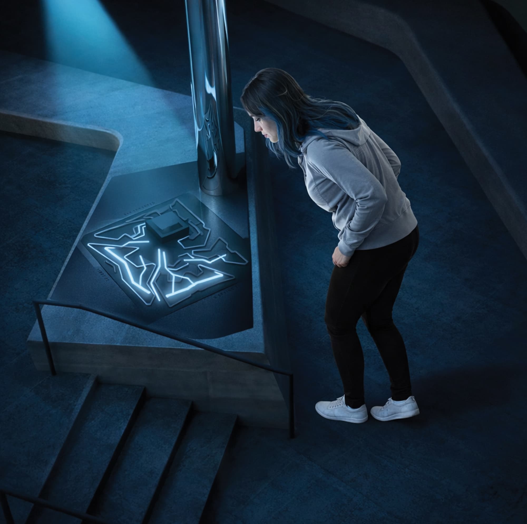 Visitor leaning in to examine an illuminated interactive floor map display with blue LED light graphics and tactile three-dimensional topographic elements at a science and technology or cultural attraction — RSM Design digital integration, interactive solutions, specialty graphics, experiential graphics, placemaking, and branded environments for science and technology, cultural, civic, and mixed-use destinations.