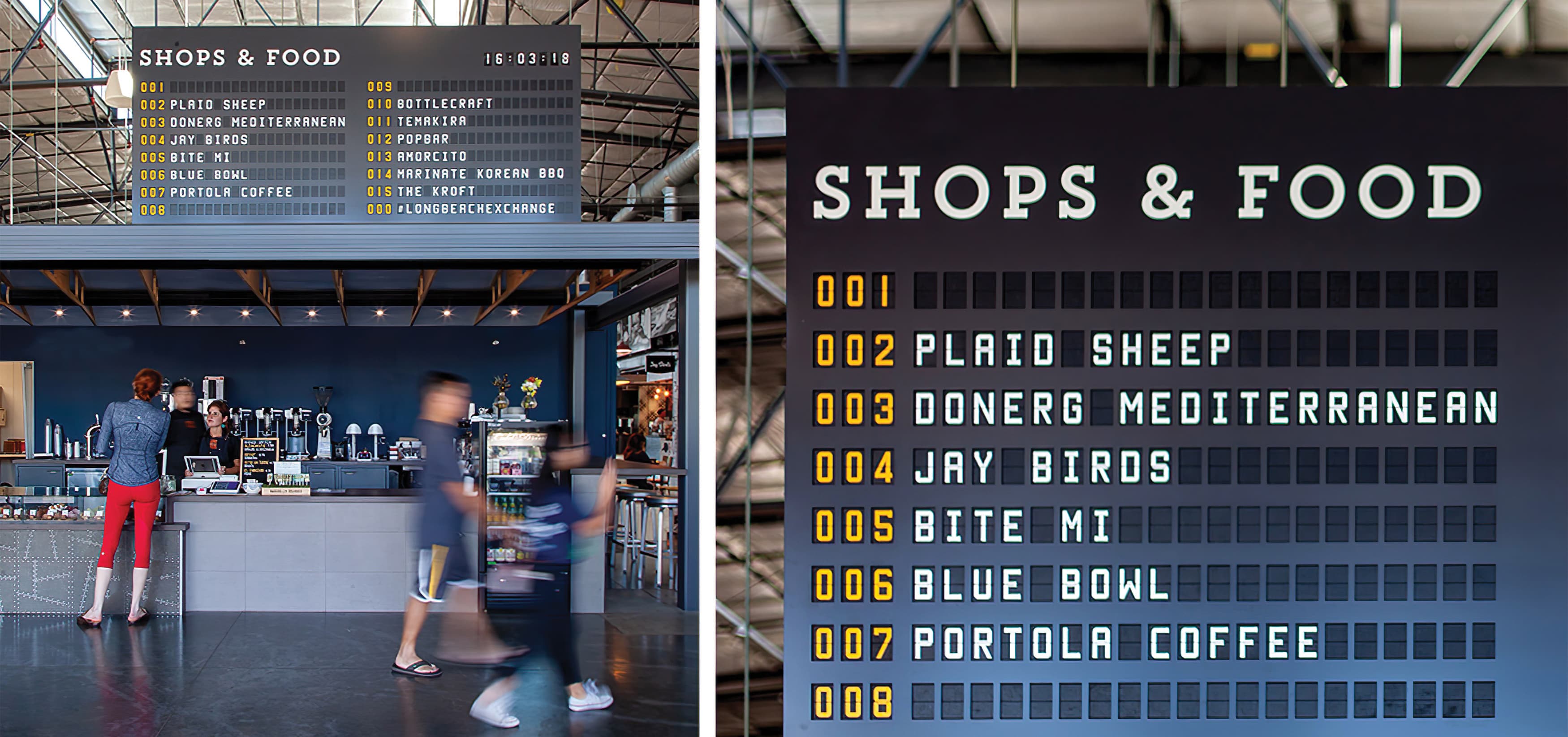The Hangar, a food hall dining complex at Long Beach Exchange.  Menu Signage. 