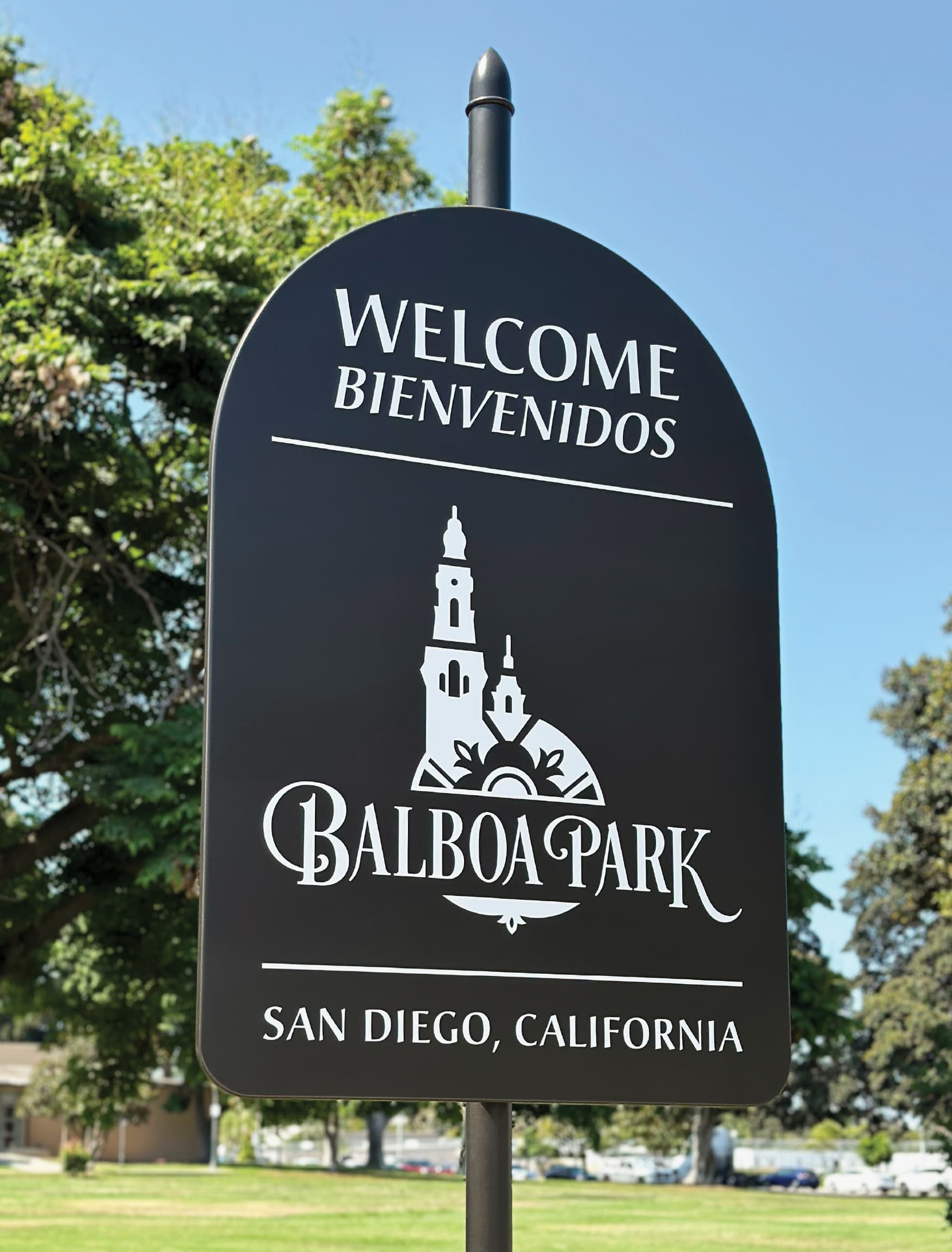 Detail image of the welcome signage at Balboa Park, designed by RSM Design. 