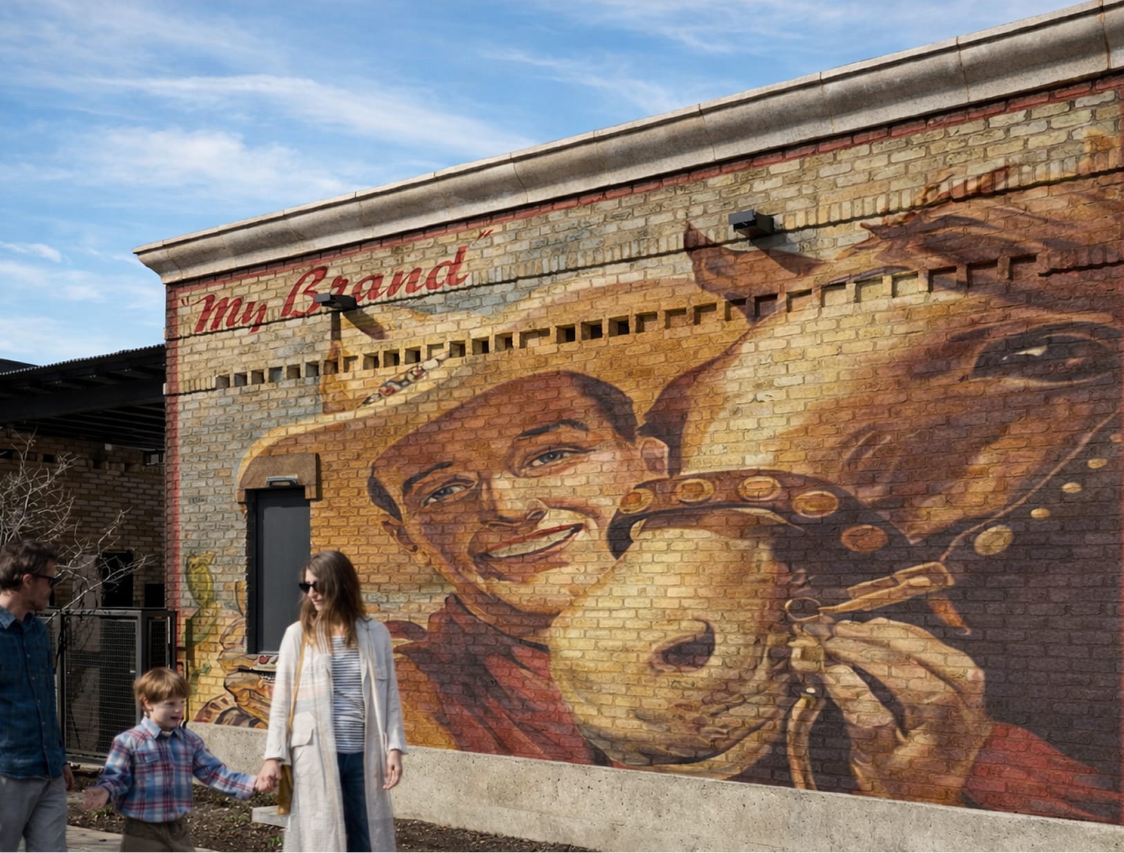 Large-scale mural of a cowboy and longhorn on a brick wall in San Antonio’s Pearl District, blending Western heritage imagery with public art and placemaking in a pedestrian-friendly urban setting.