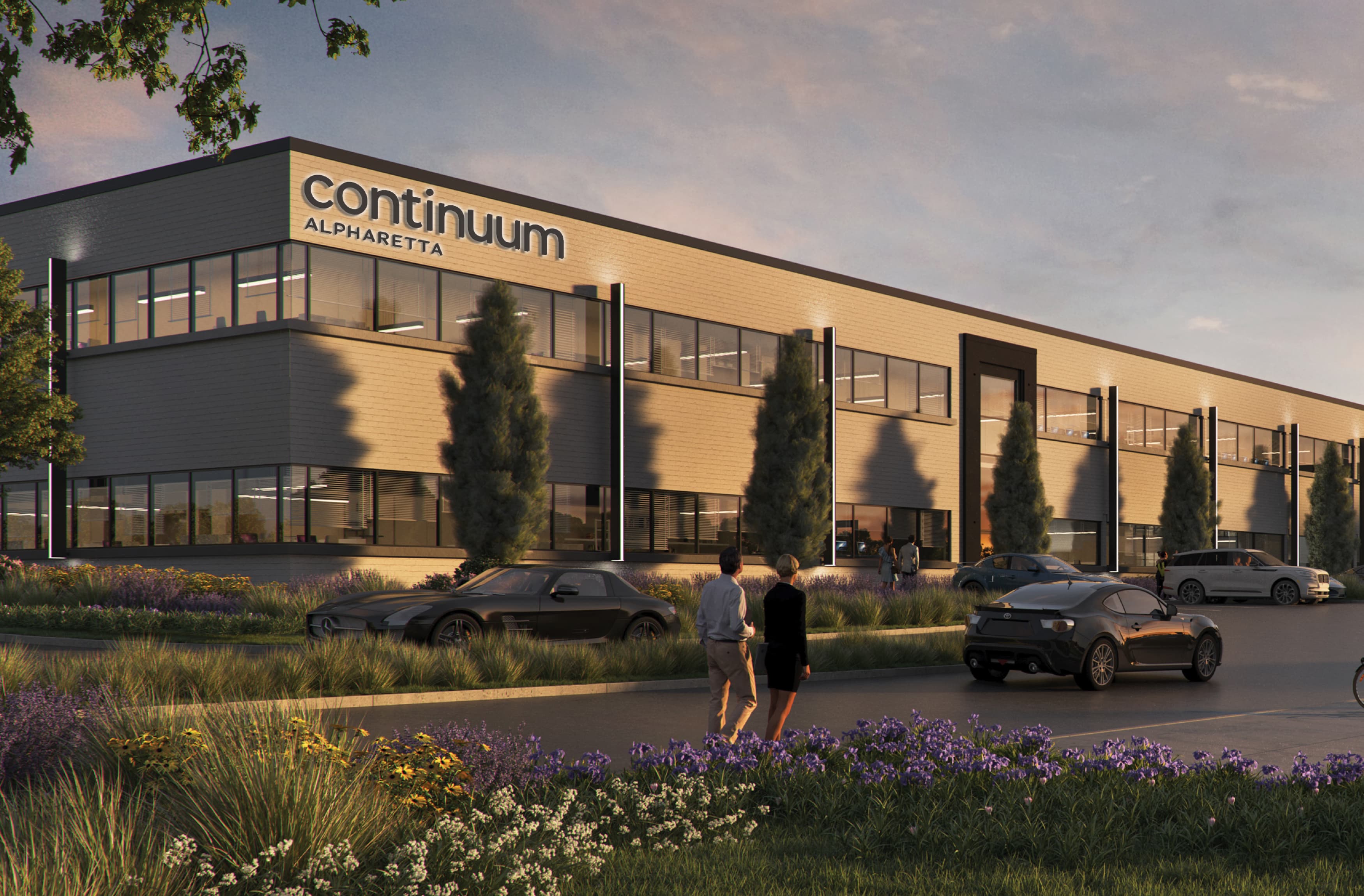 Image of the master sign at Continuum Alpharetta at sunset, designed by RSM Design.