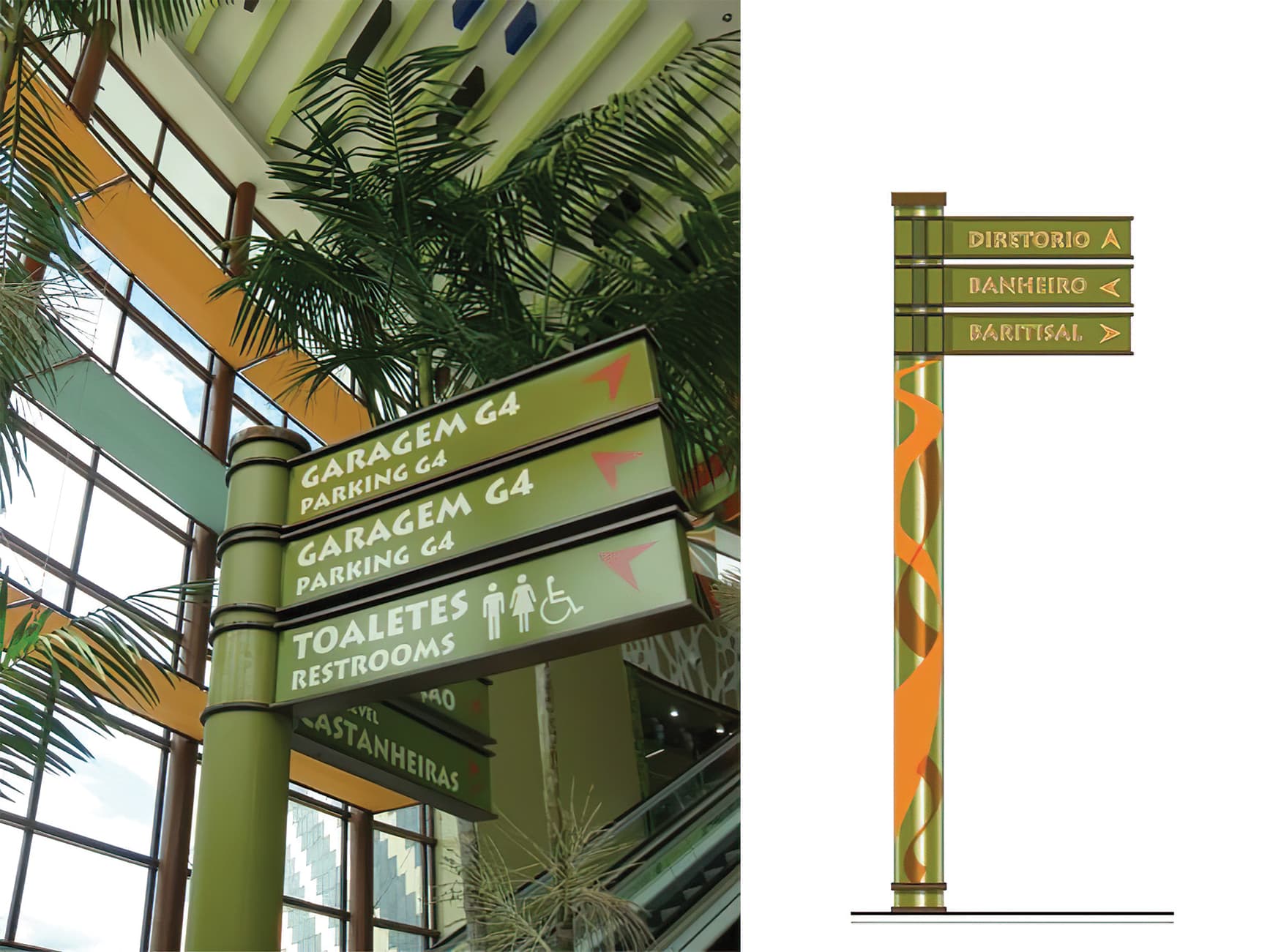 Manauara Shopping, a retail destination project located in Brazil. Directional Signage. Wayfinding Design.