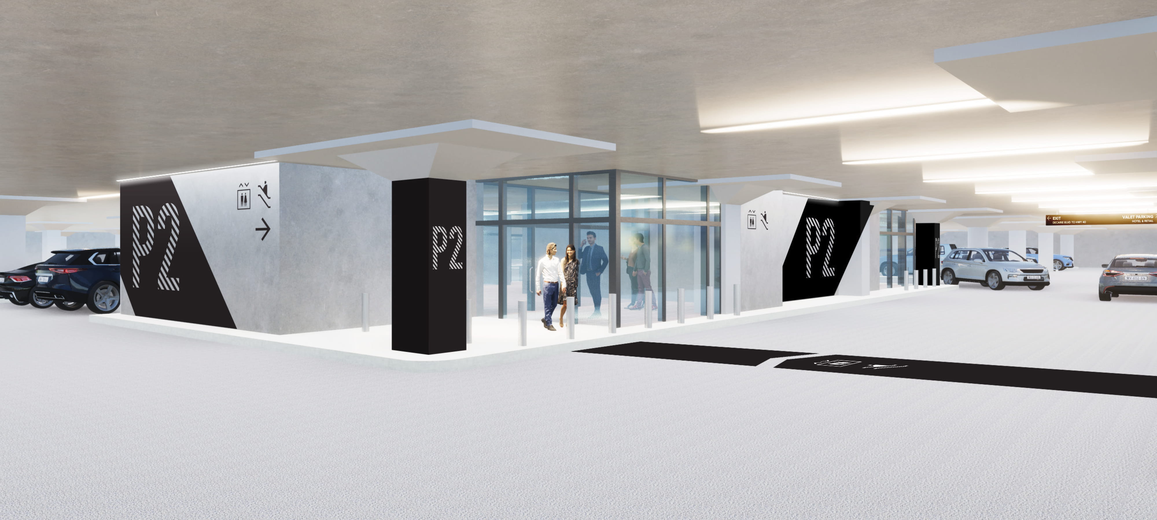 An architectural rendering of the Royalmount parking garage Level P2 featuring bold black angled wall graphics and freestanding column signs with large-scale "P2" level identification, directional wayfinding pictograms for elevators and restrooms, floor graphics guiding pedestrians to elevator cores, and an exit sign in amber at the far end — demonstrating RSM Design's comprehensive wayfinding and signage design and environmental graphic design services applied within the parking garage and mixed-use and international markets