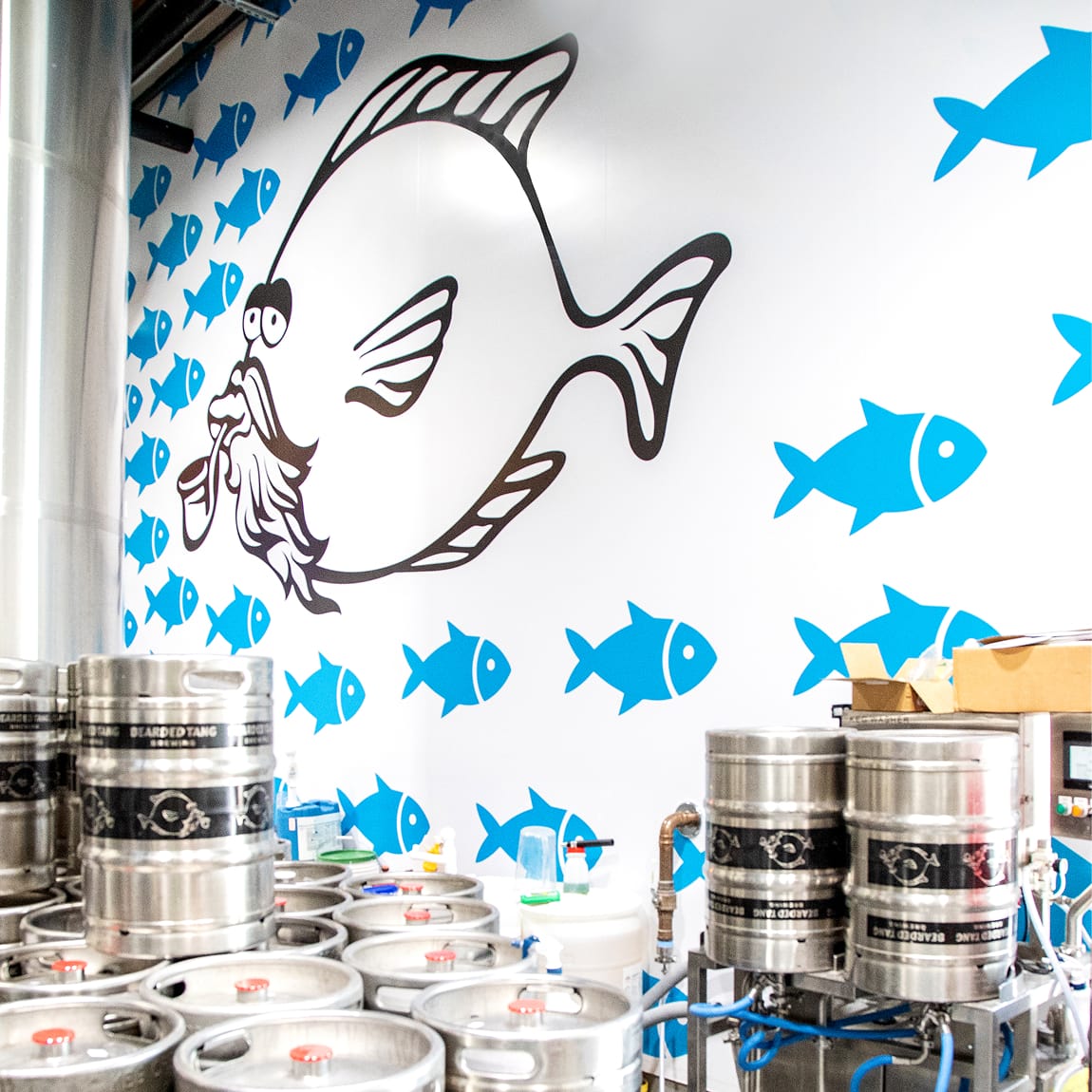 Interior of the Bearded Tang Brewing production area at Rodeo 39 Public Market, with stacked stainless steel kegs and brewing equipment in the foreground and a large branded wall mural featuring the bearded tang fish mascot surrounded by a school of blue fish illustrations.
